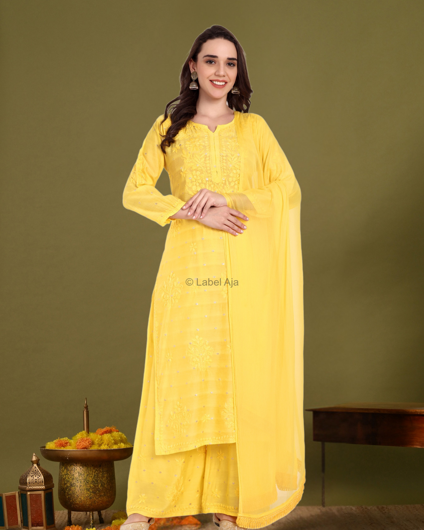 Sitara Chanderi Silk Chikankari Kurti, Palazzo and dupatta set