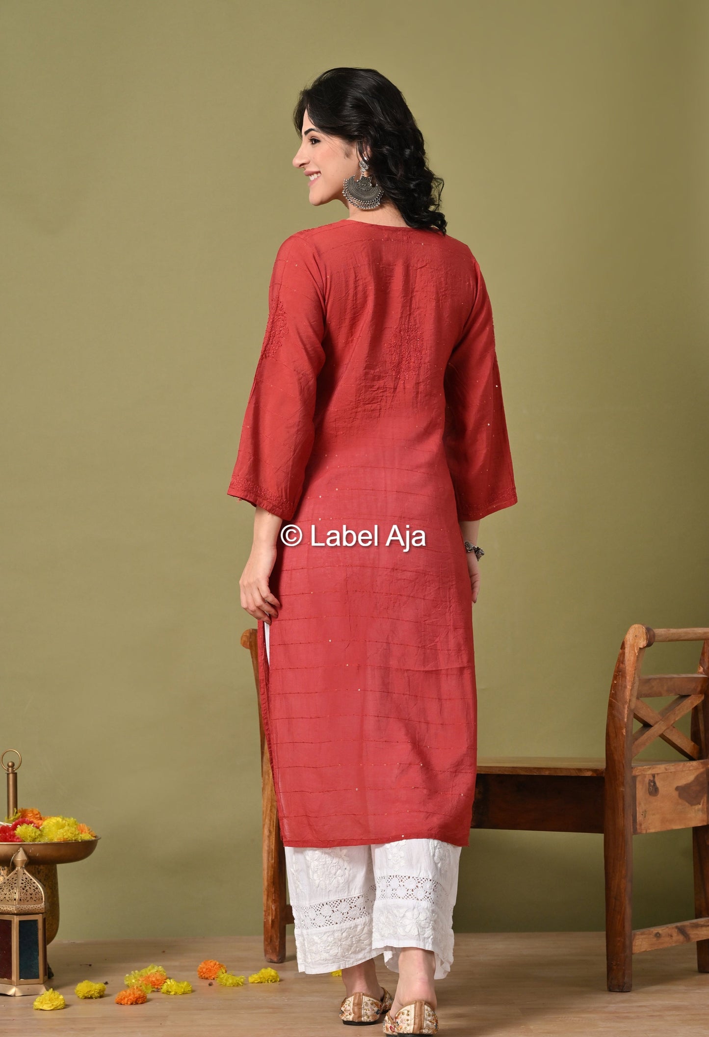 Jhilmil Chanderi silk Chikankari kurti in Sequence and bakhiya work