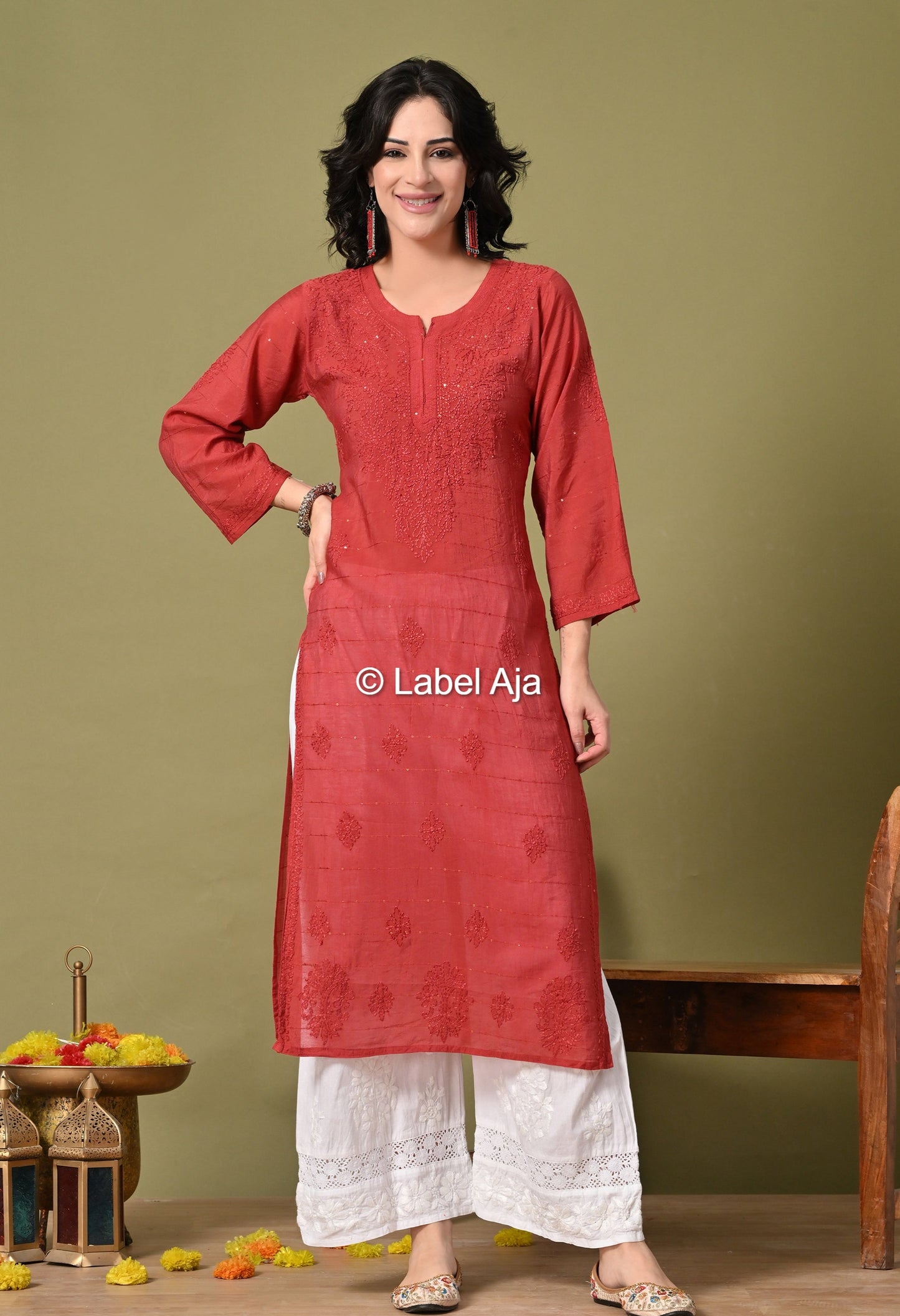 Jhilmil Chanderi silk Chikankari kurti in Sequence and bakhiya work