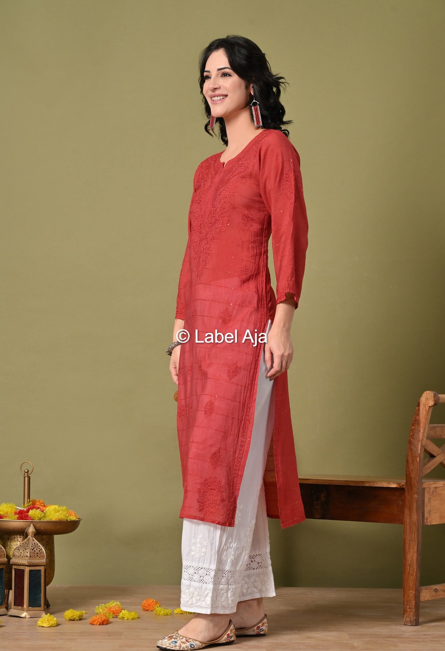 Jhilmil Chanderi silk Chikankari kurti in Sequence and bakhiya work