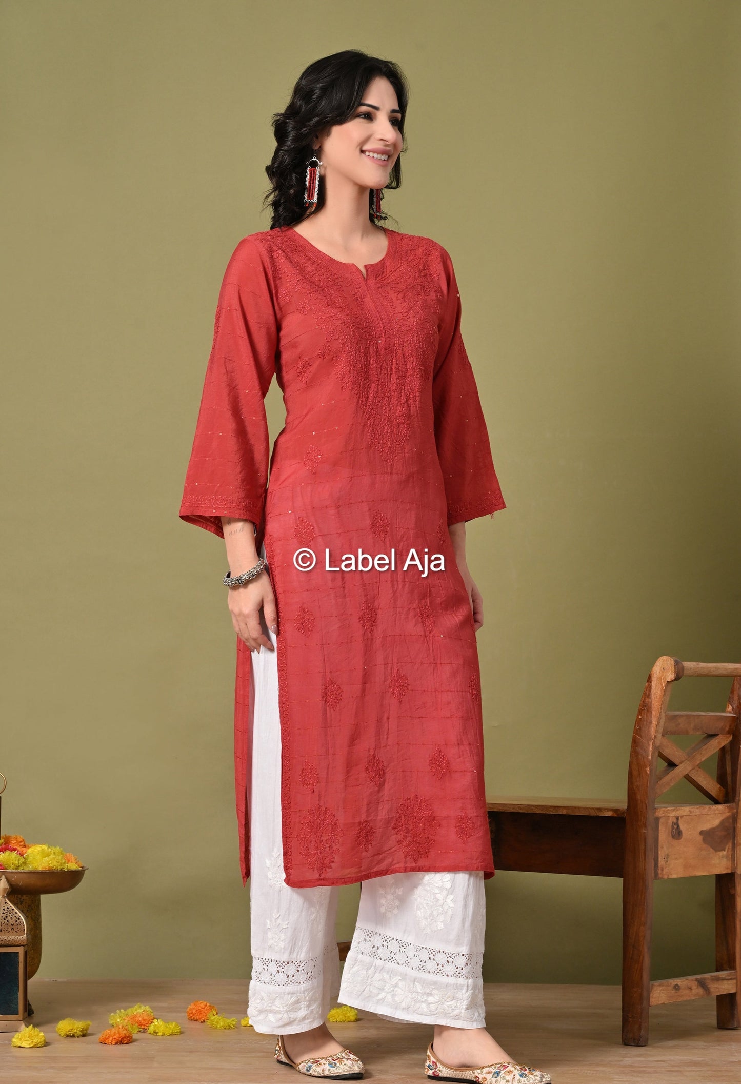 Jhilmil Chanderi silk Chikankari kurti in Sequence and bakhiya work