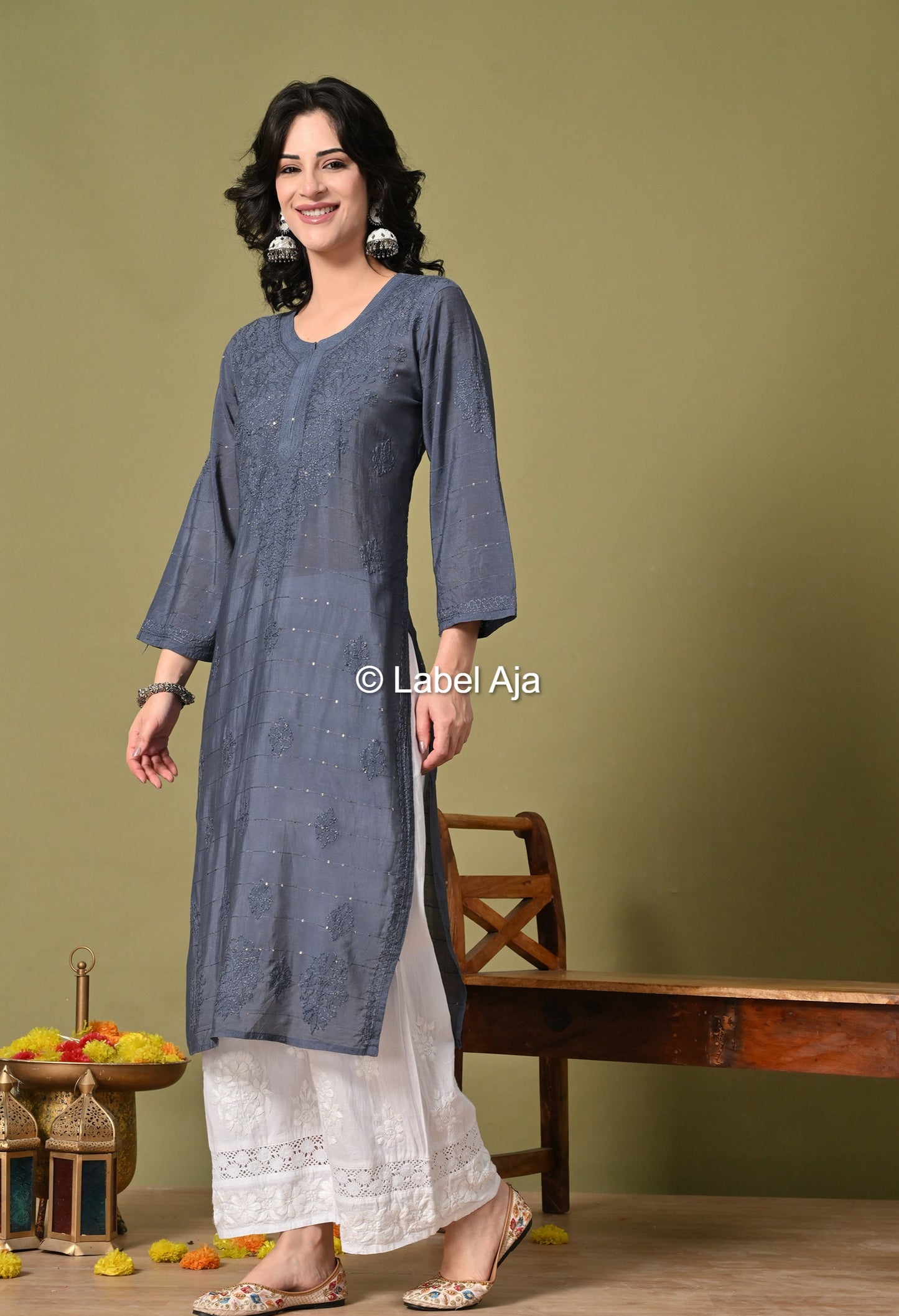 Jhilmil Chanderi silk Chikankari kurti in Sequence and bakhiya work