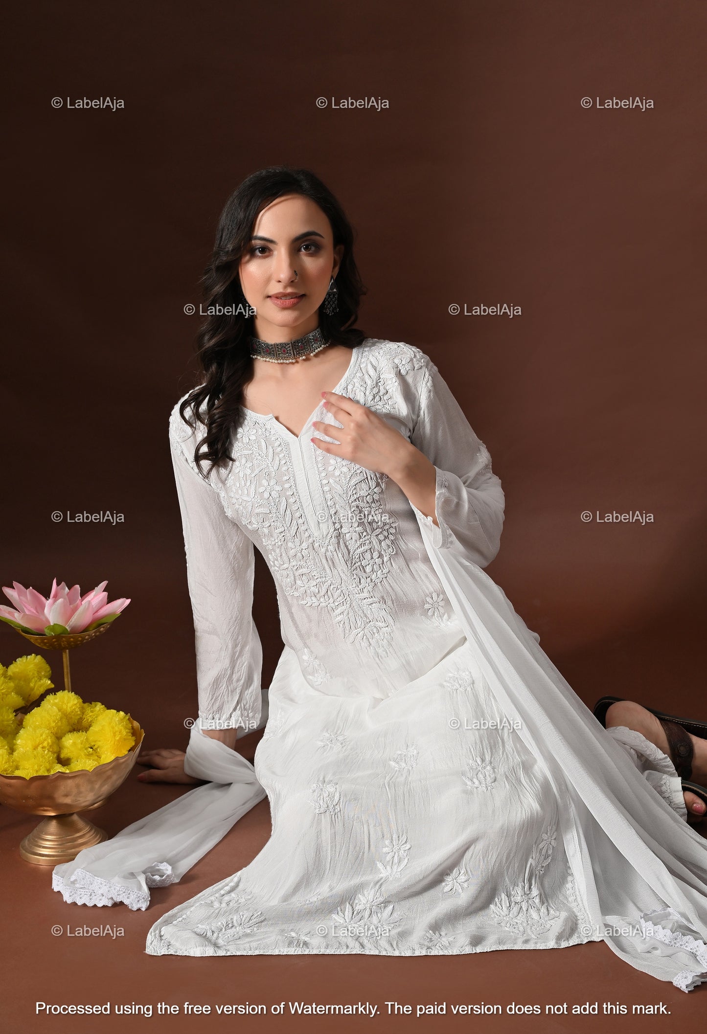 Lyla muslin chikanakri kurti, palazzo and dupatta set