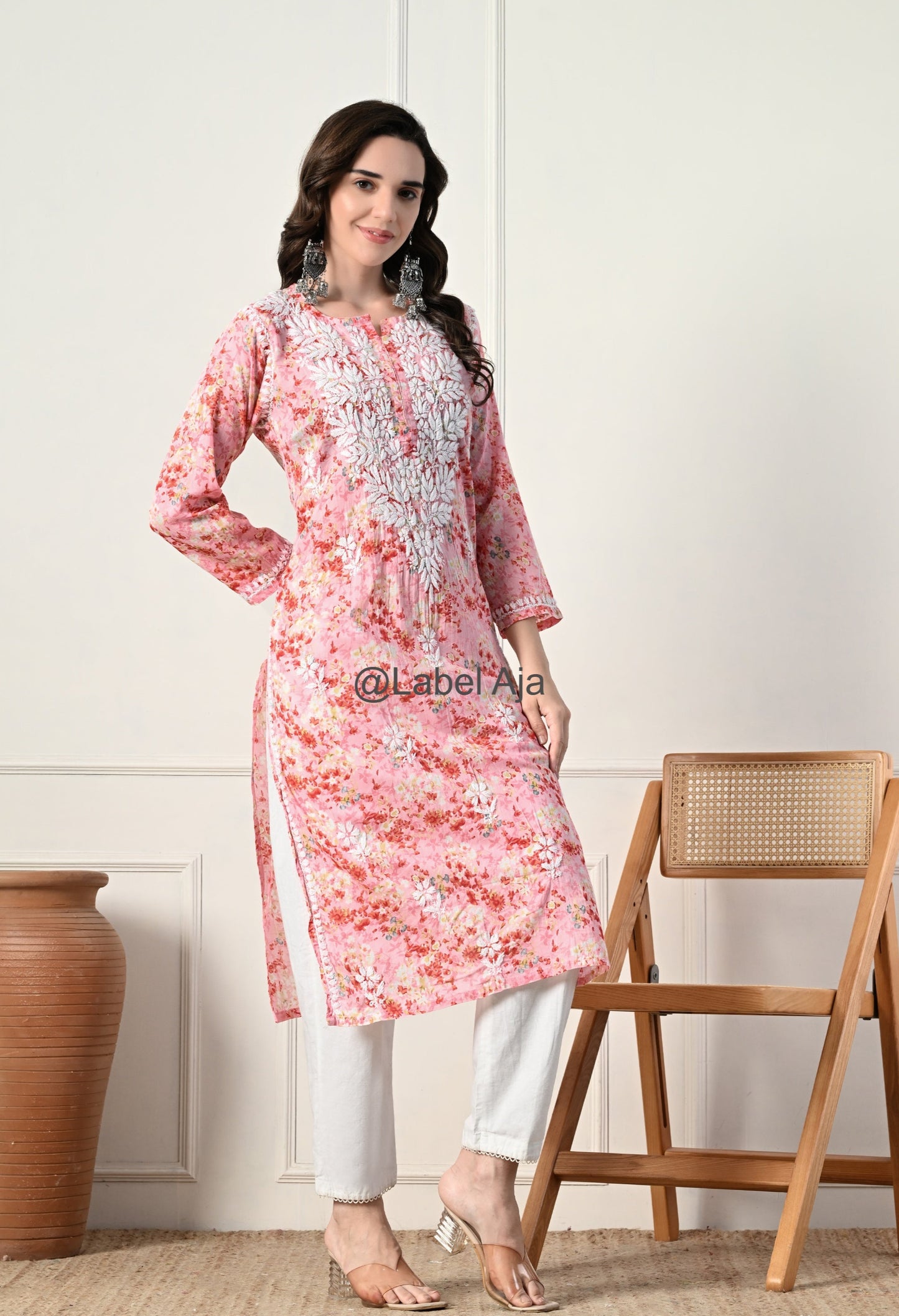 Gulmohar Mulmul long chikankari kurti