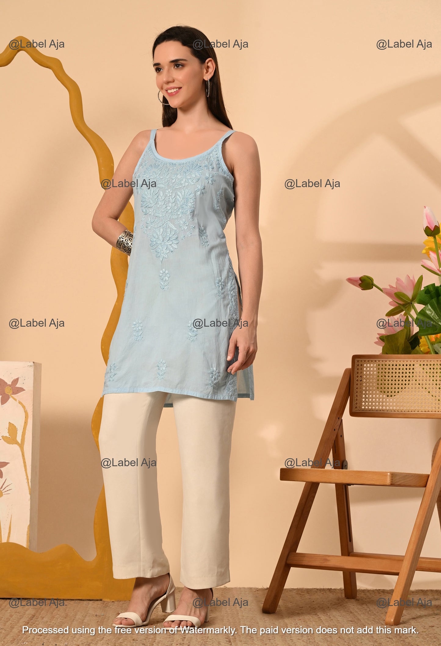 Najma Mul cotton chikankari noodle strap short top