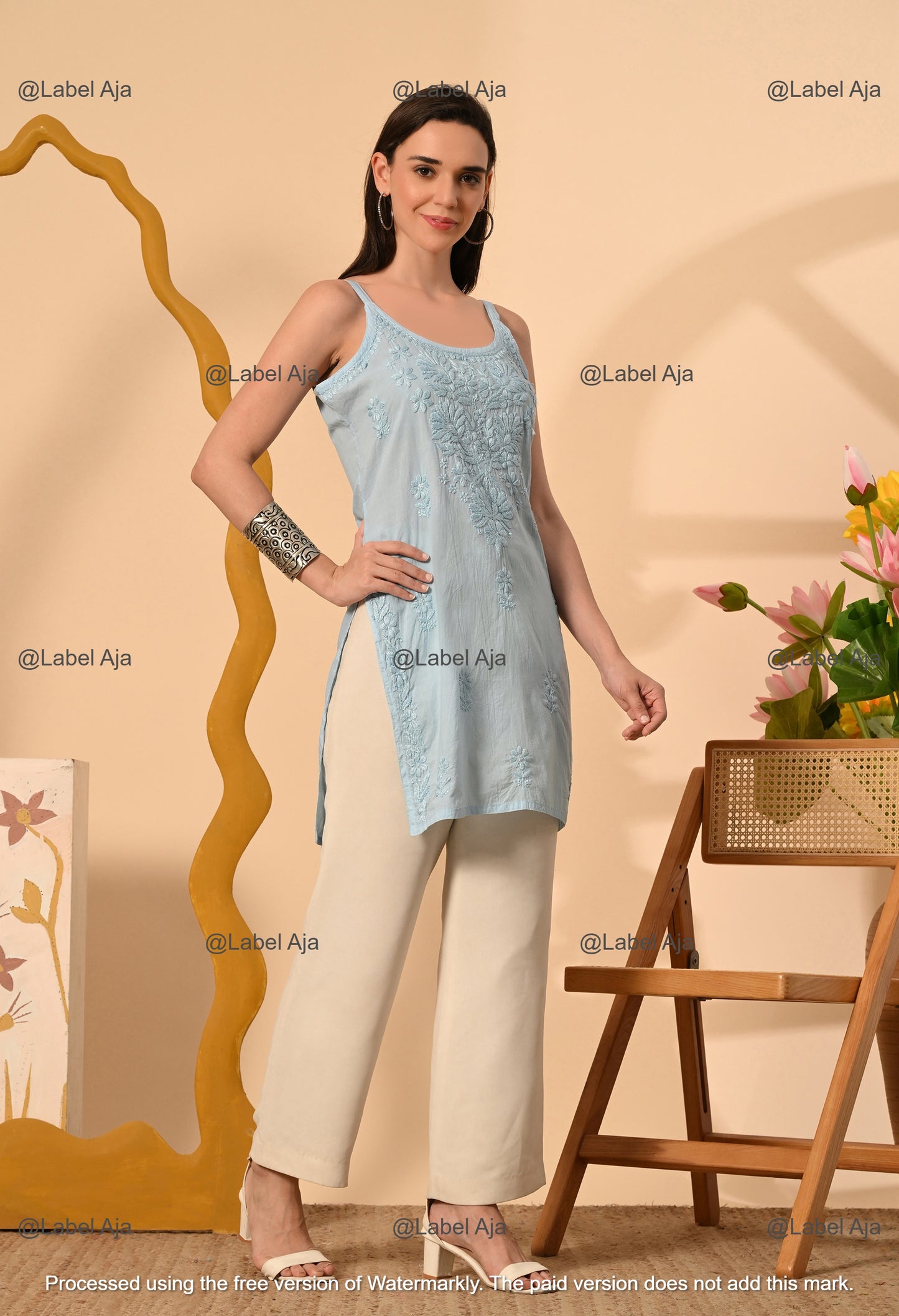 Najma Mul cotton chikankari noodle strap short top
