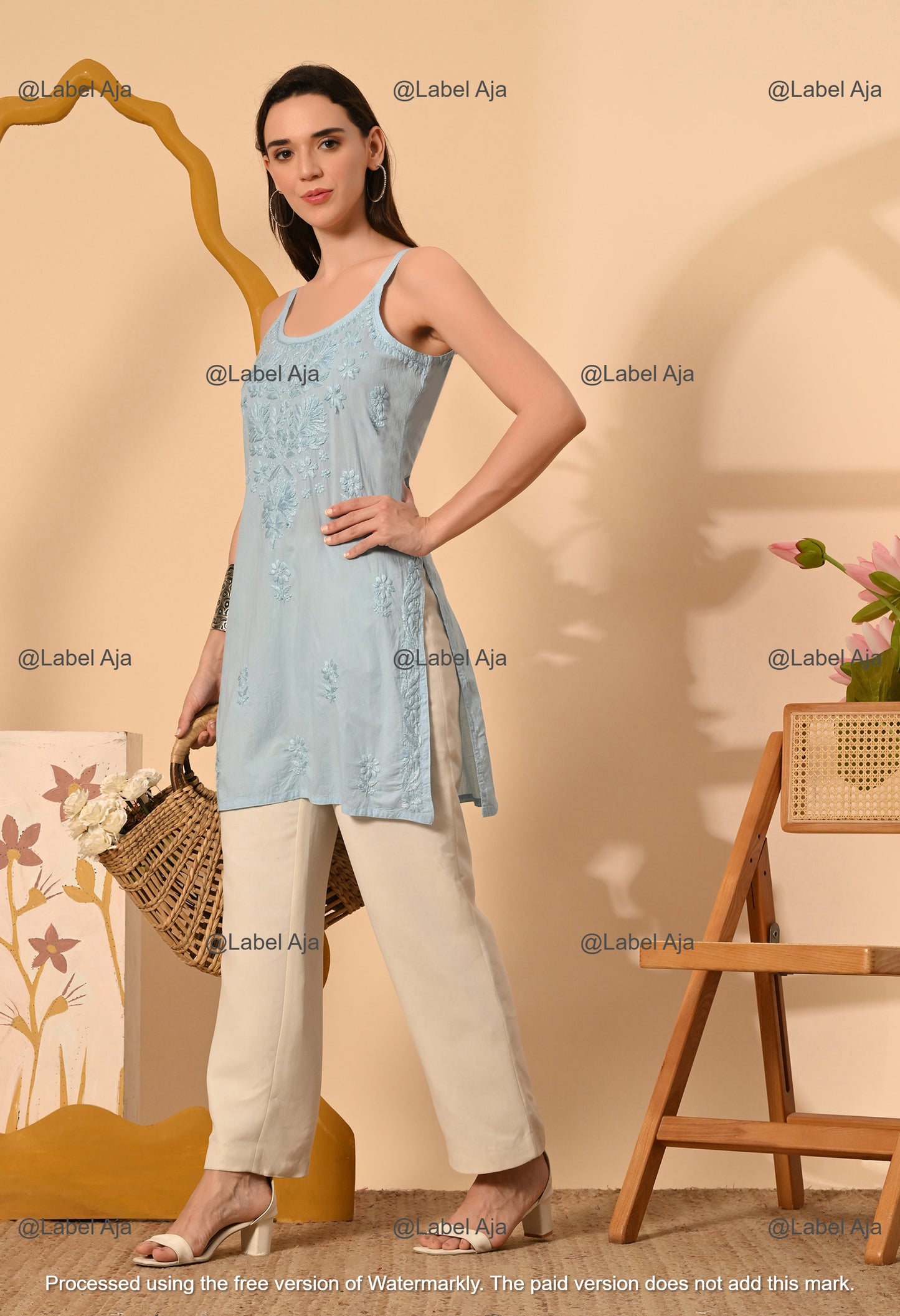 Najma Mul cotton chikankari noodle strap short top