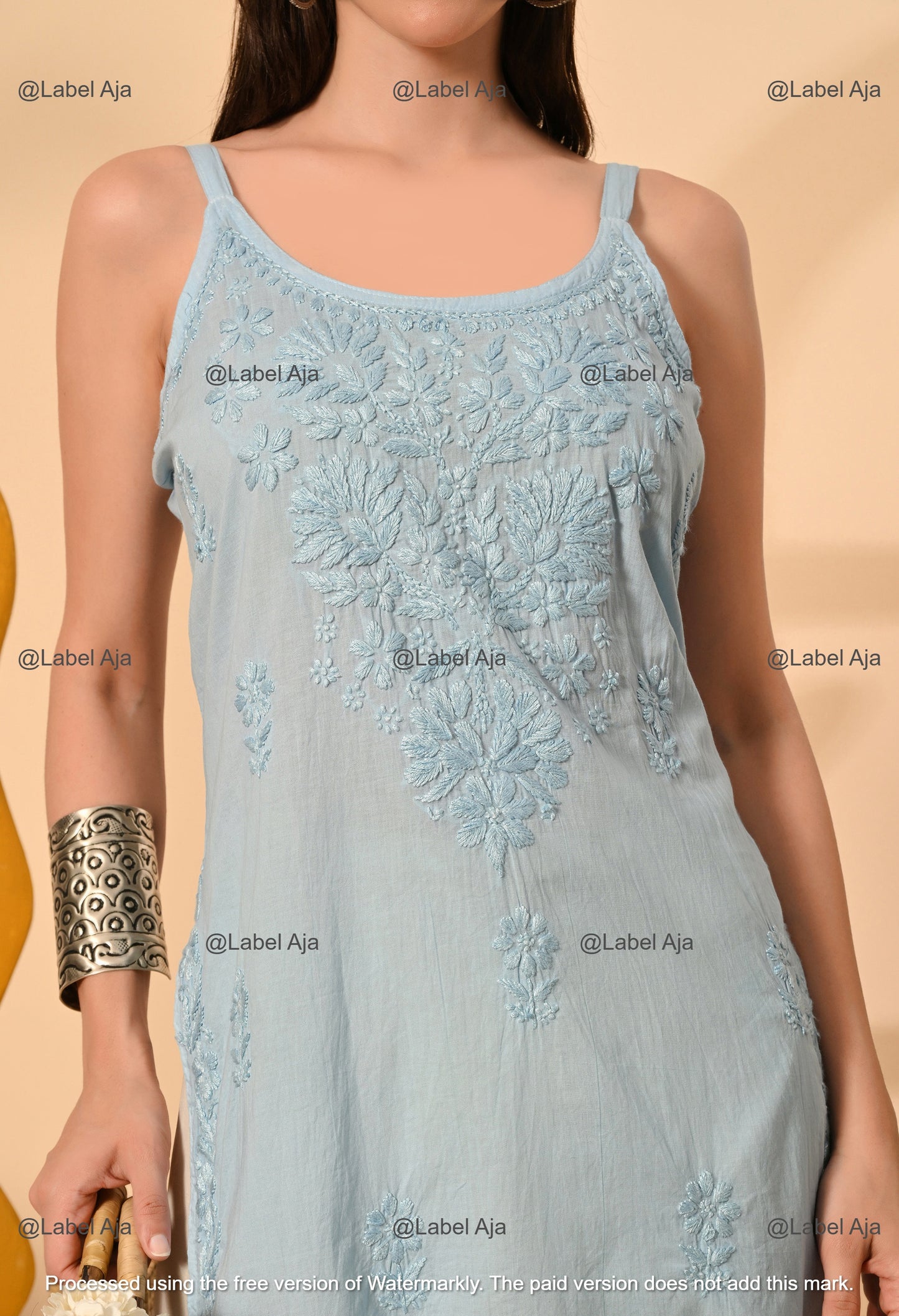 Najma Mul cotton chikankari noodle strap short top