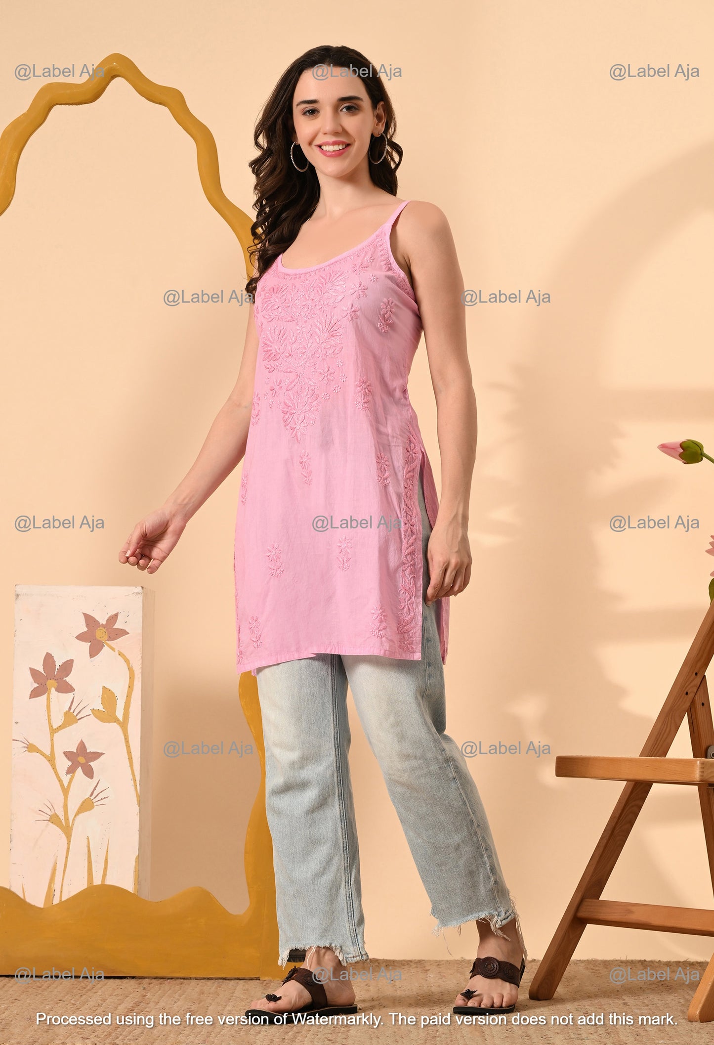 Najma Mul cotton chikankari noodle strap short top