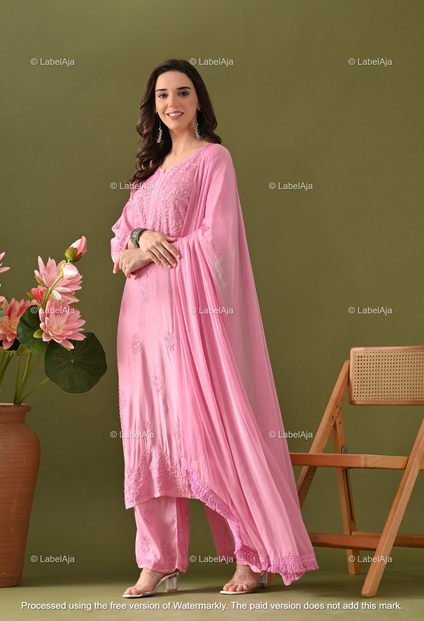 Lyla muslin chikanakri kurti, palazzo and dupatta set
