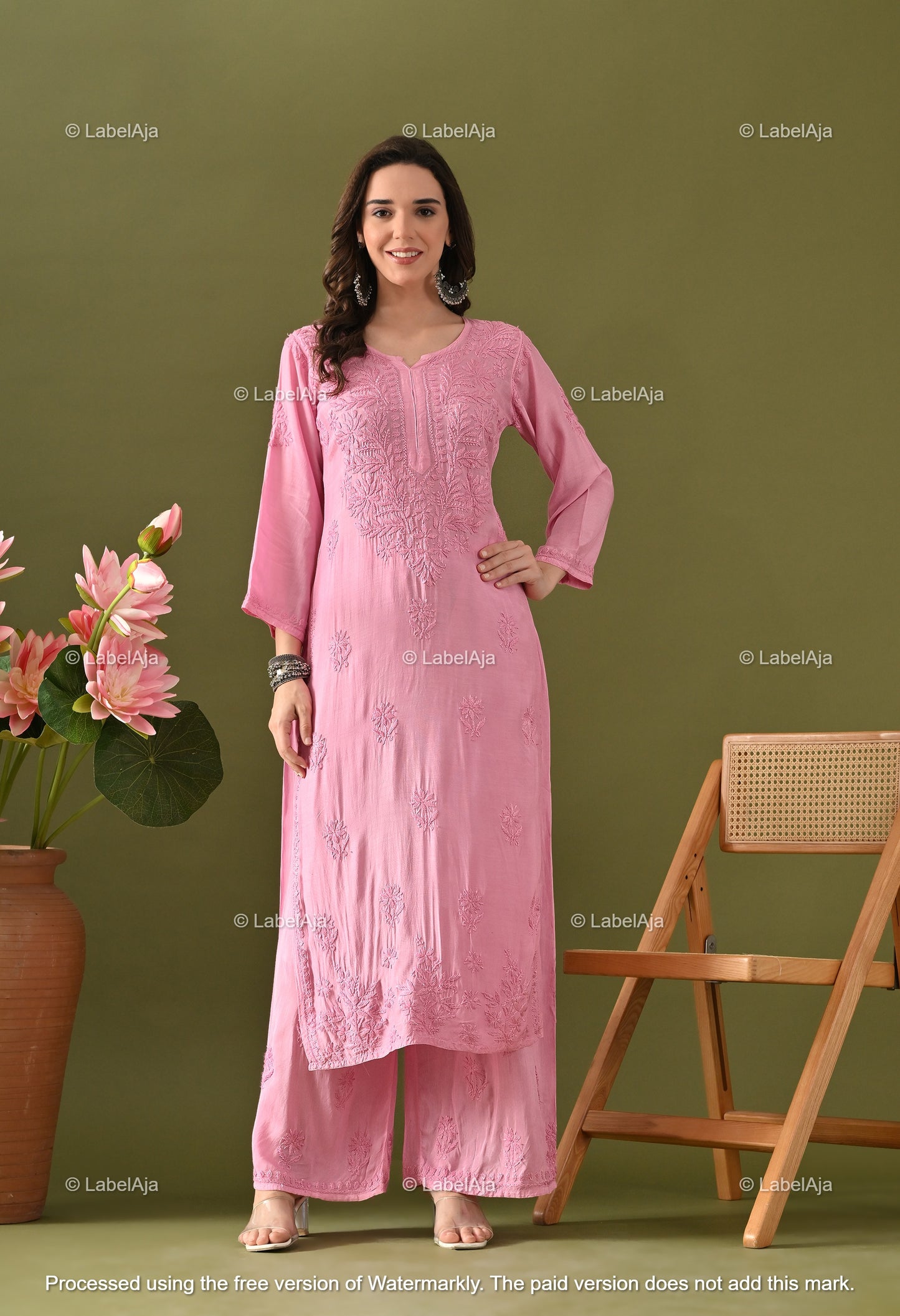 Lyla muslin chikanakri kurti, palazzo and dupatta set