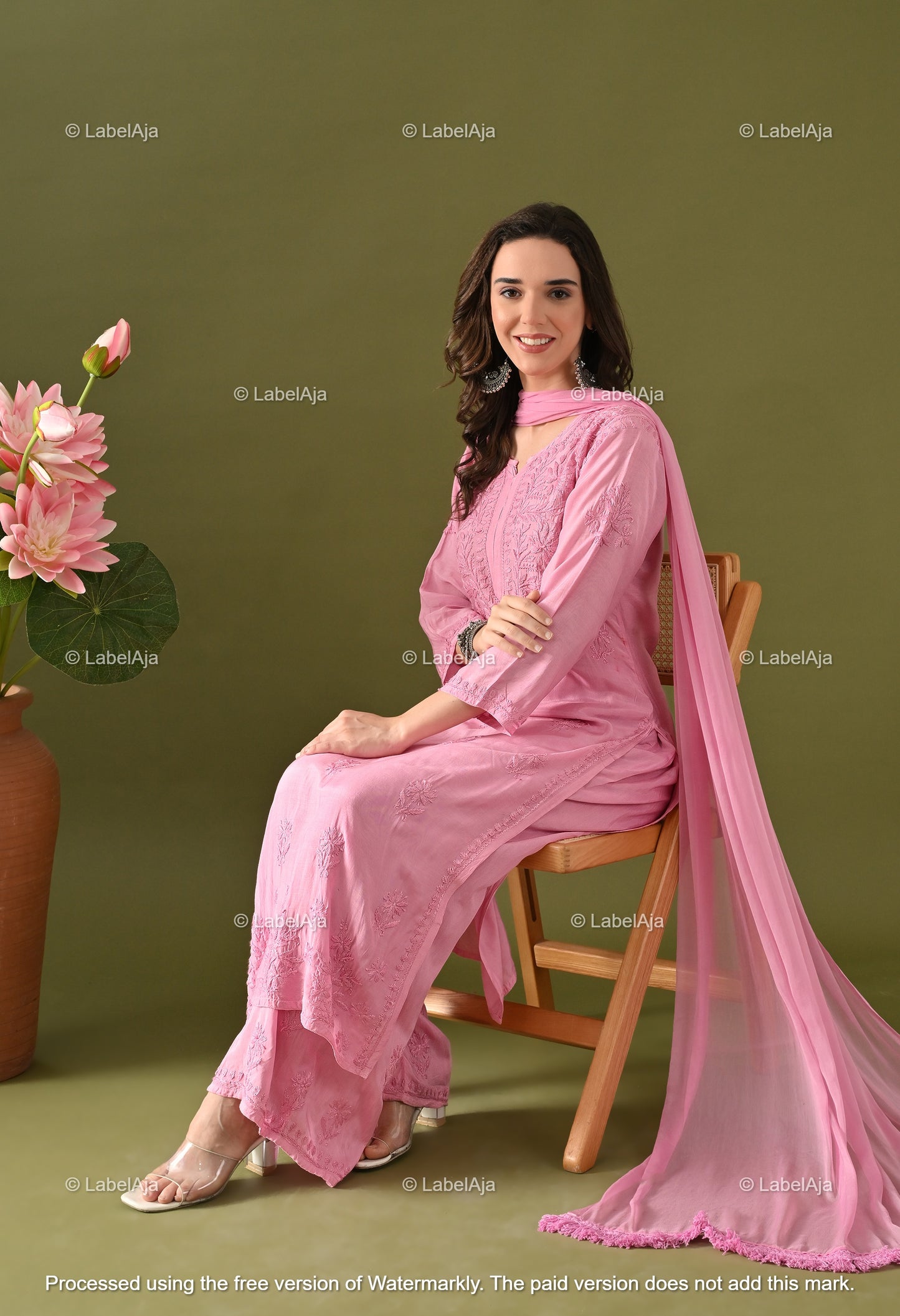 Lyla muslin chikanakri kurti, palazzo and dupatta set