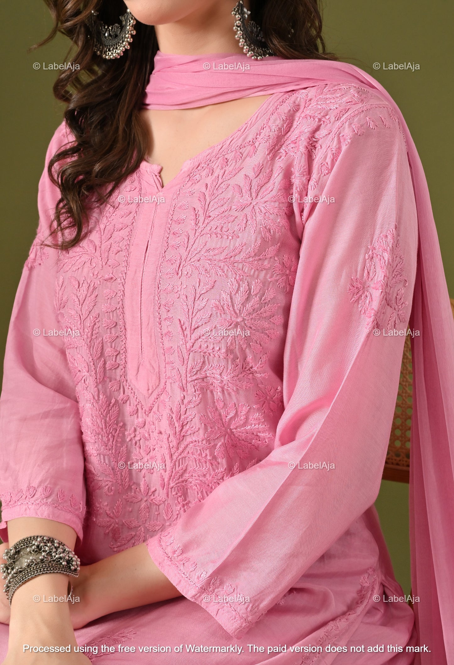 Lyla muslin chikanakri kurti, palazzo and dupatta set