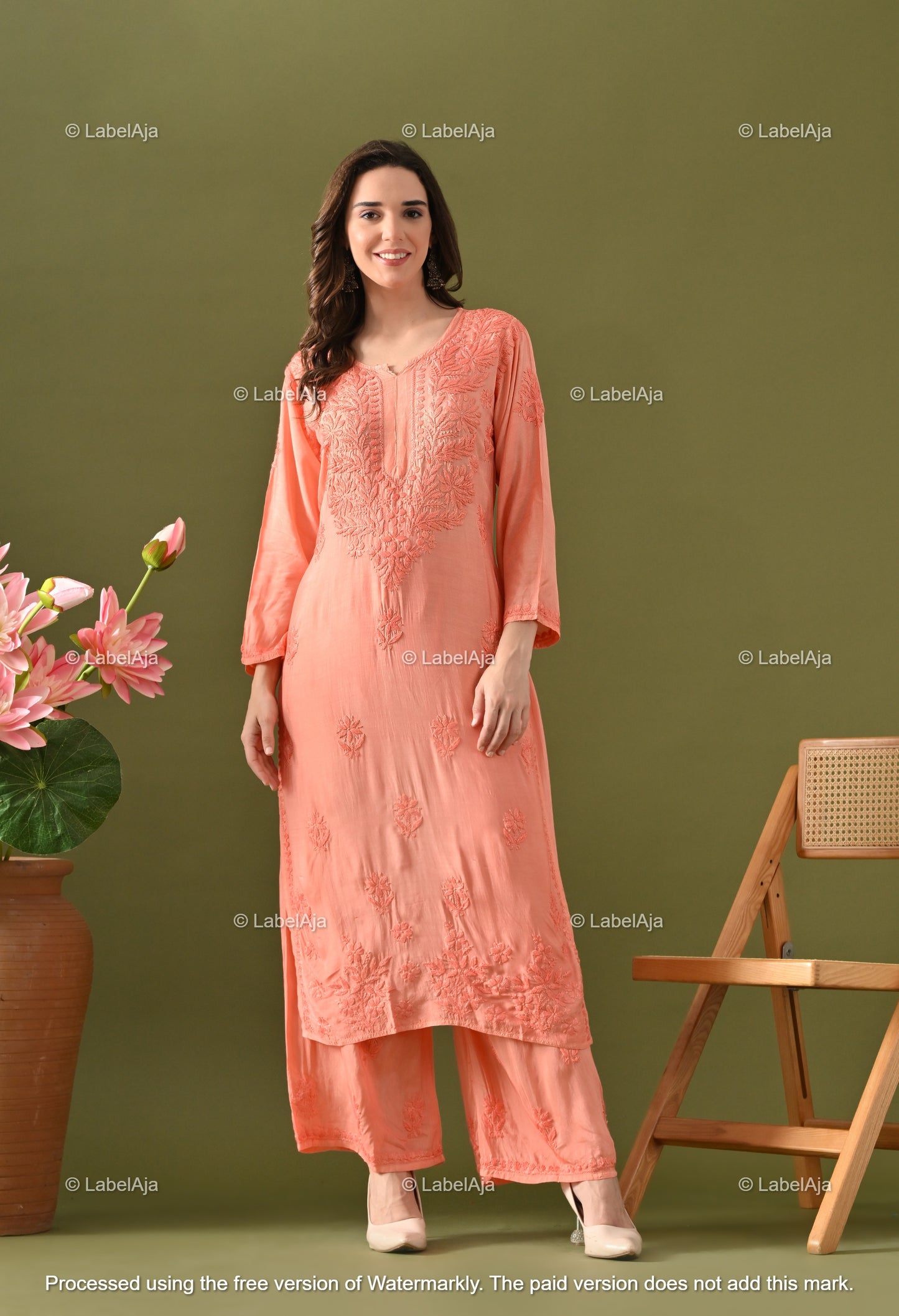 Lyla muslin chikankari kurti, palazzo and dupatta set