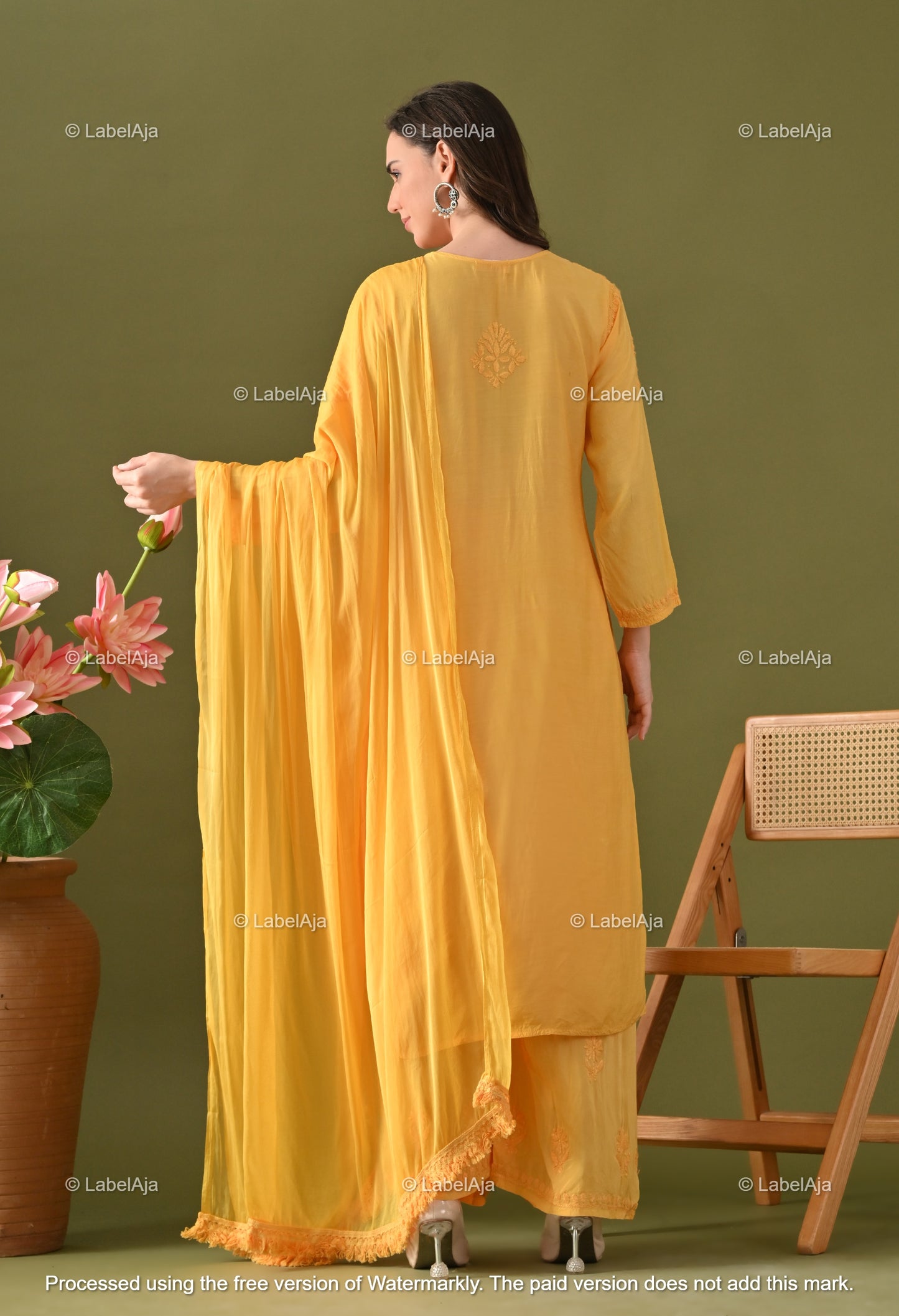 Lyla muslin chikankari kurti, palazzo and dupatta set