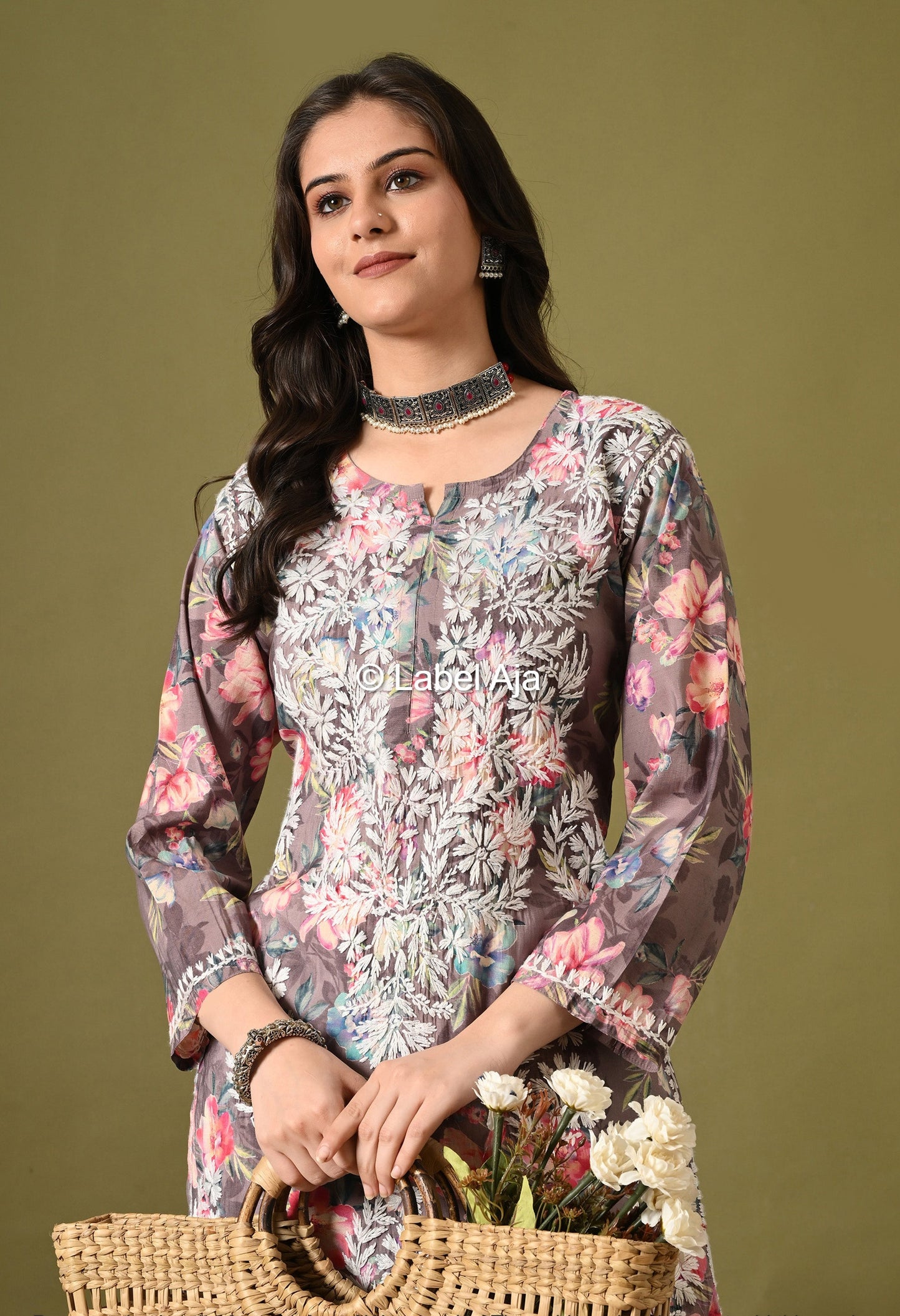 Gulzar Chanderi silk printed Chikankari kurti