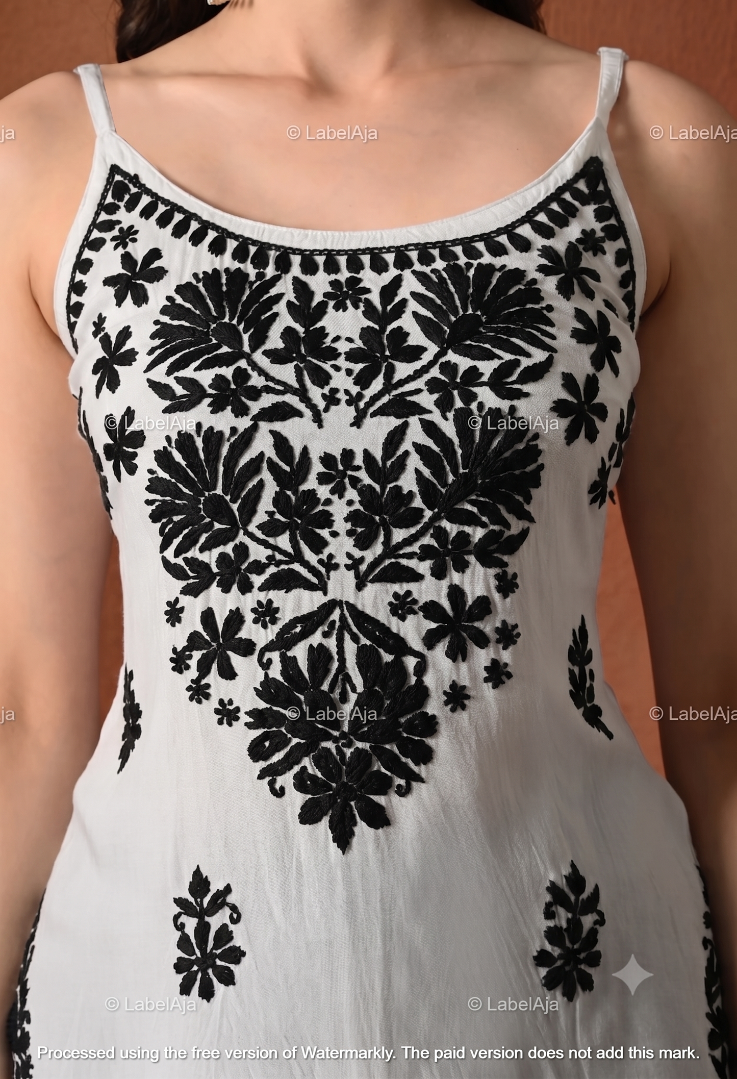 Rayon chikankari noodle strap short top Black