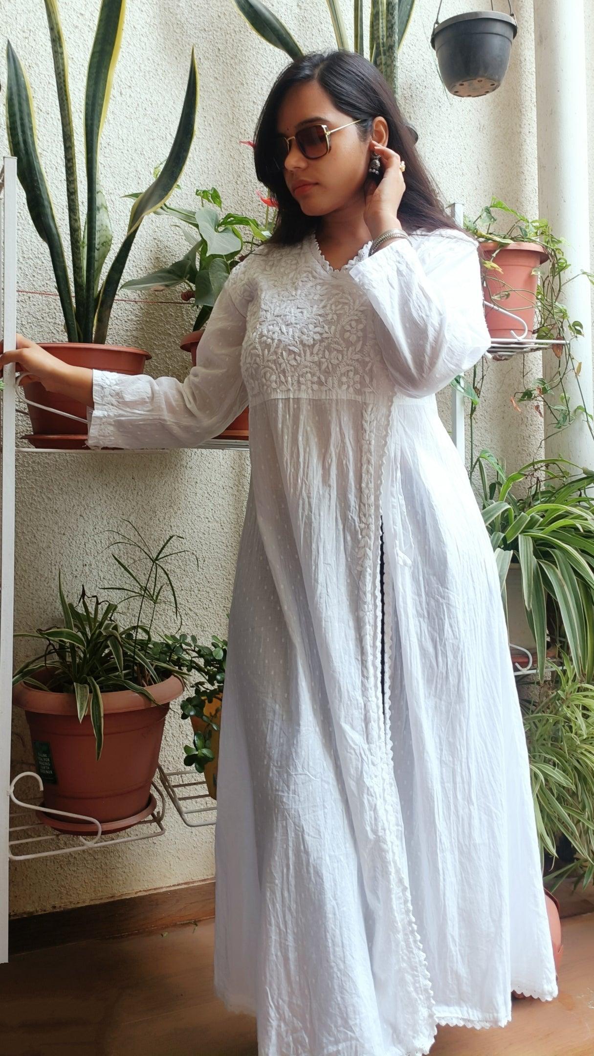 Label Aja Chikankari Dobby cotton long Angarkha - Label Aja Chikankari