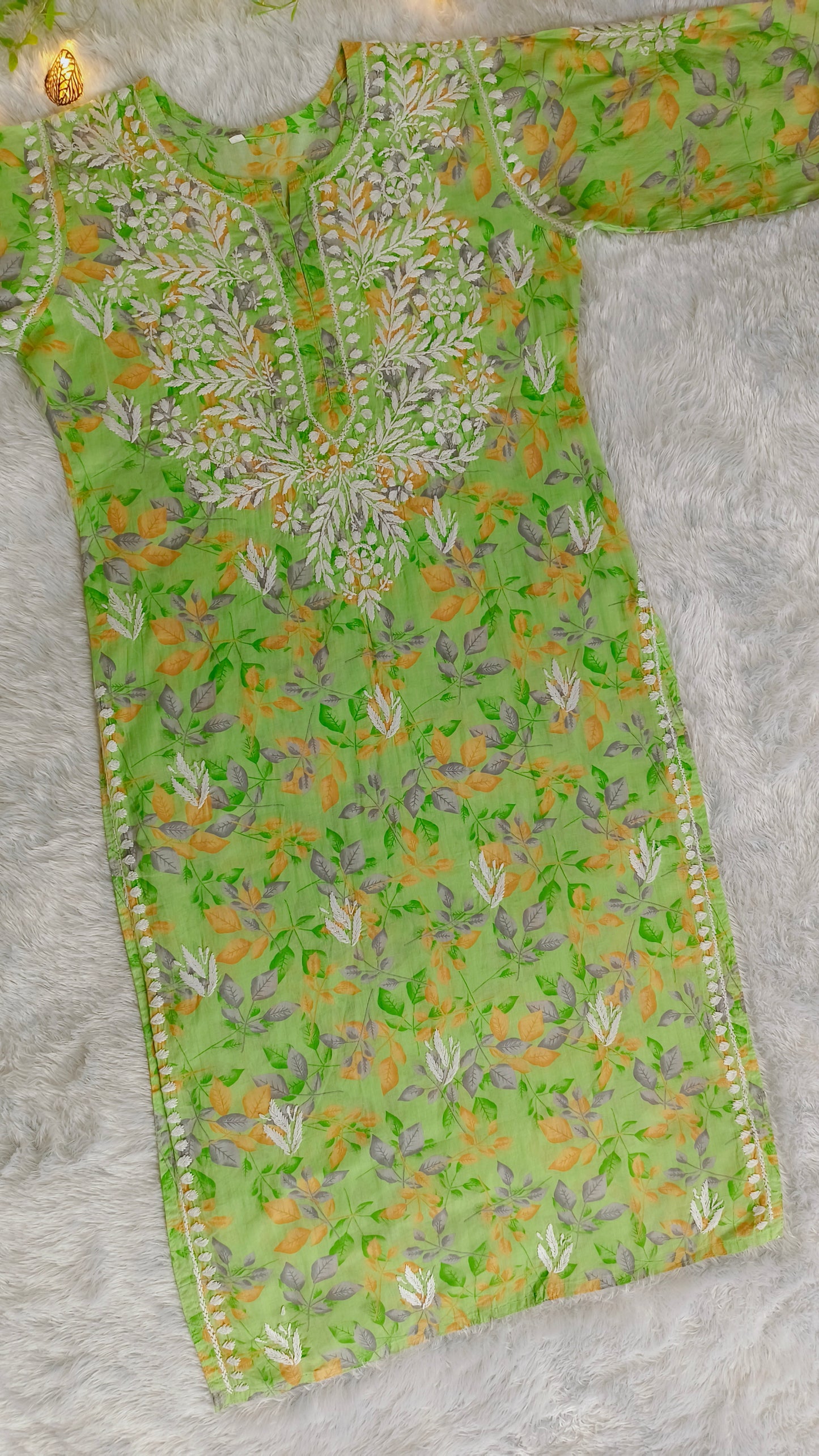 Gulmohar Mulmul long chikankari kurti
