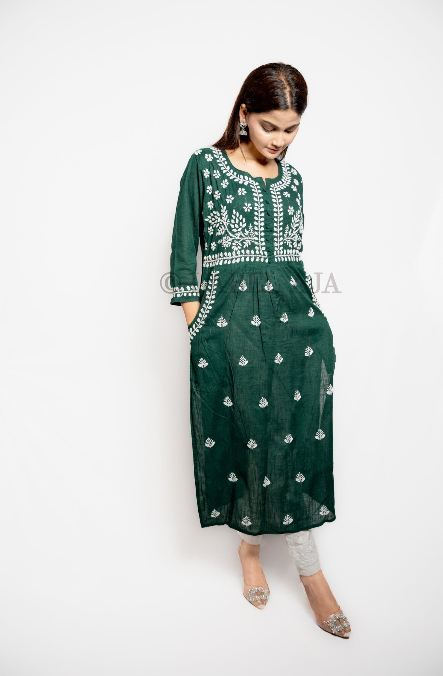 Misa Cotton chikankari long kurti with pockets
