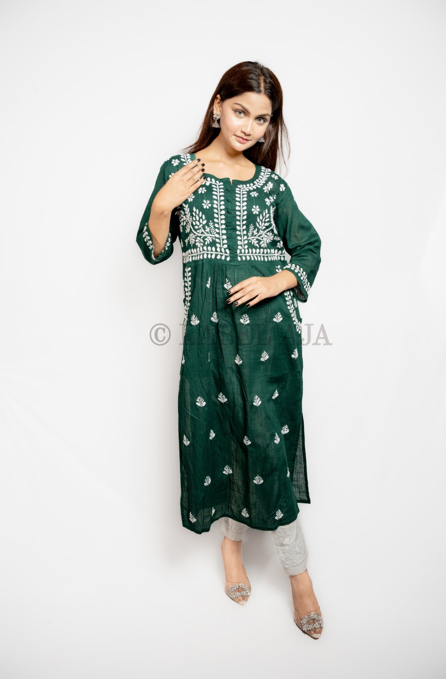 Misa Cotton chikankari long kurti with pockets