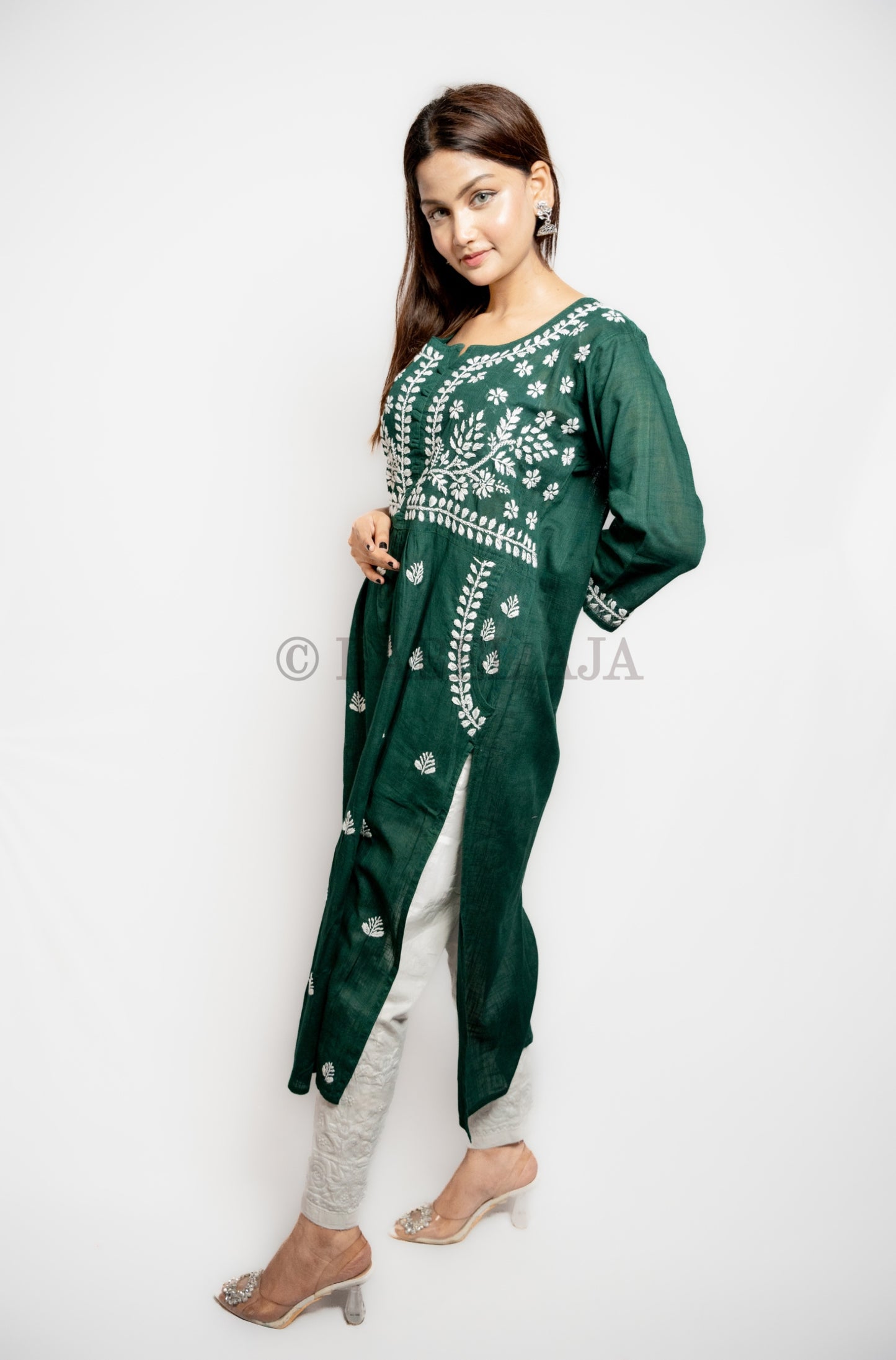Misa Cotton chikankari long kurti with pockets