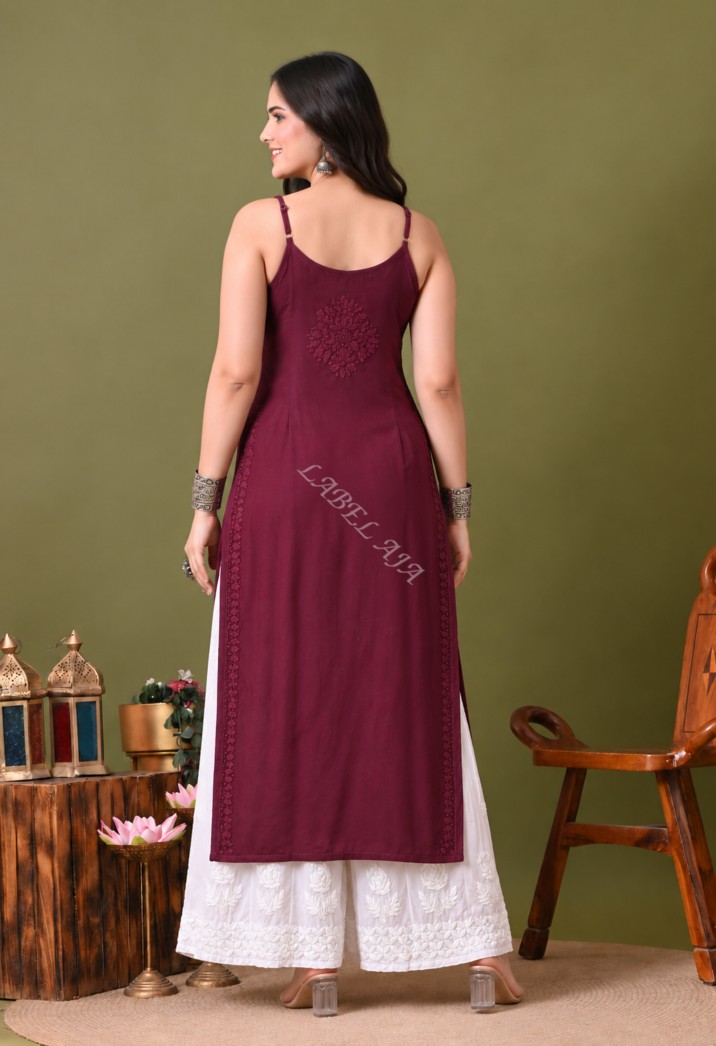 Rayon chikankari noodle strap long kurti