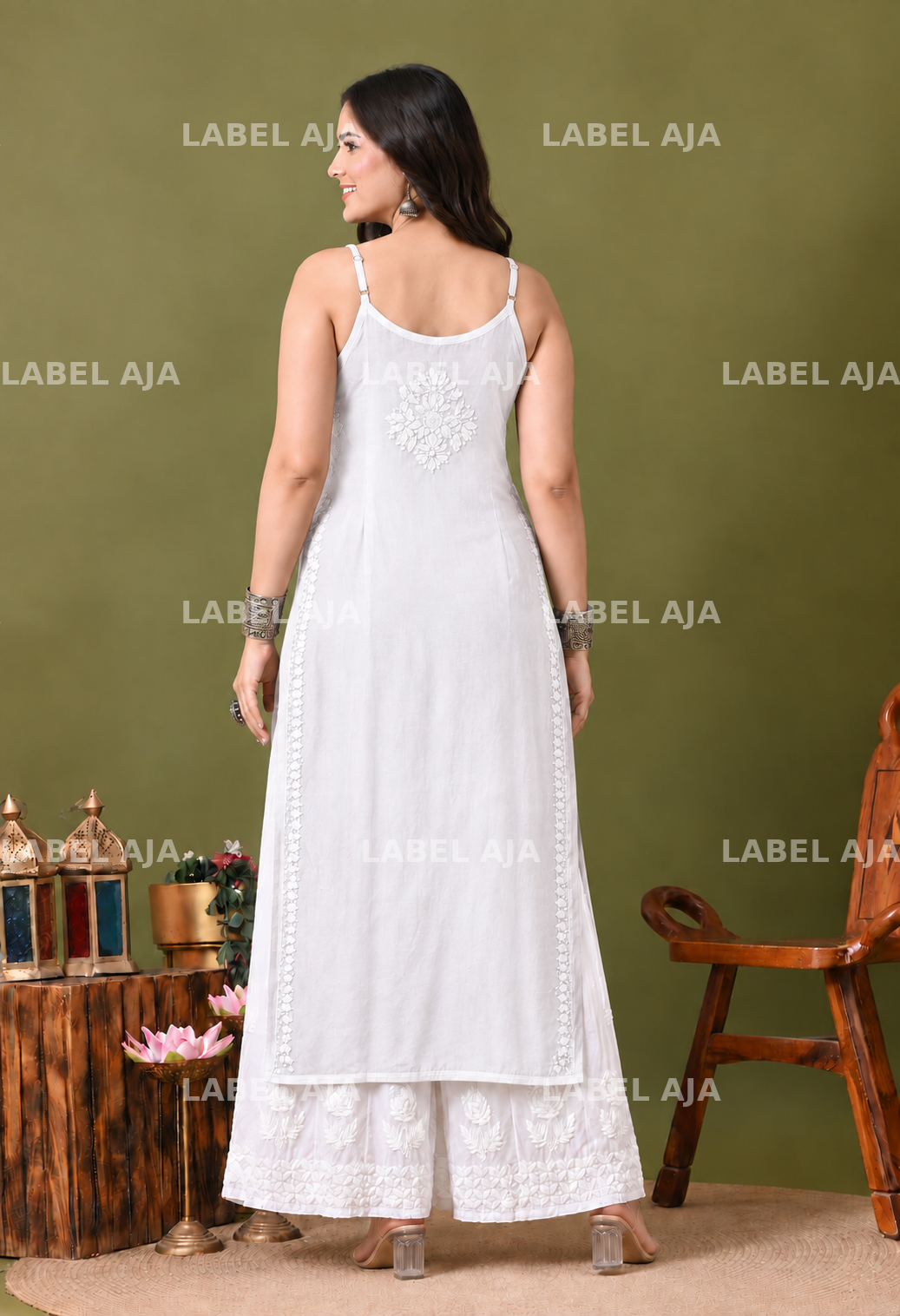 Rayon chikankari noodle strap long kurti