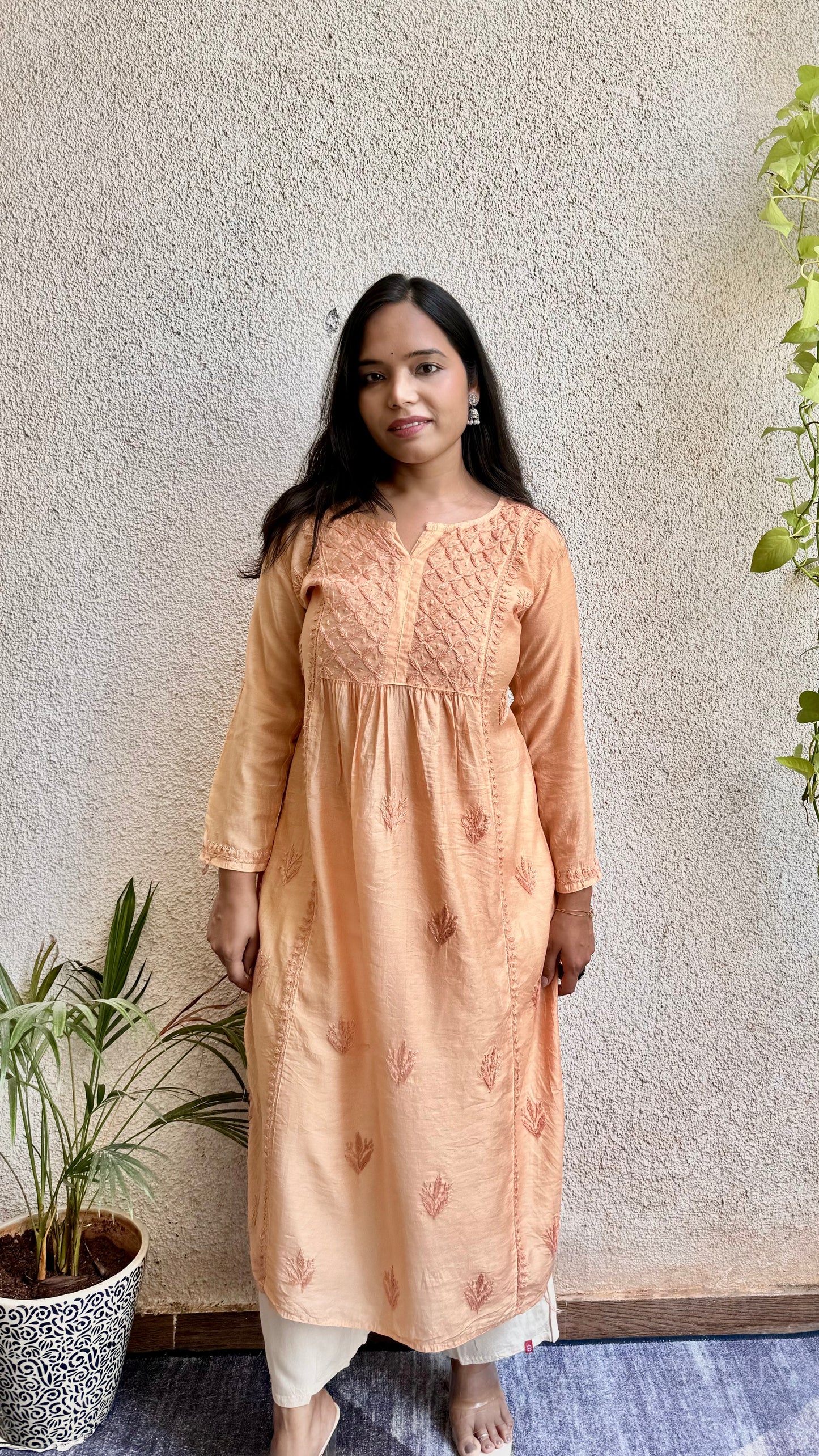 Chanderi silk Chikankari Long Nyra cut kurta