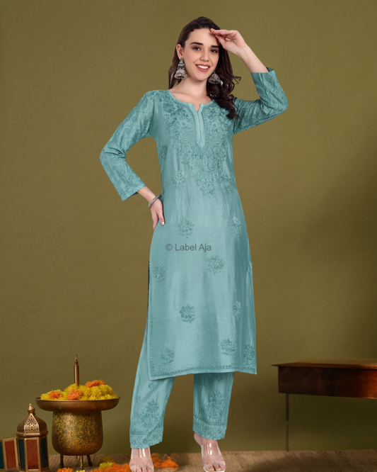 Meher Chanderi silk Chikankari Kurti & Palazzo Set