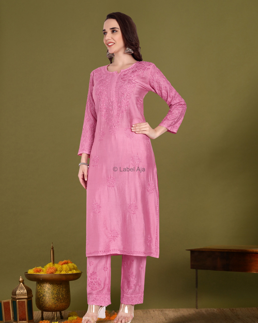 Meher Chanderi silk Chikankari Kurti & Palazzo Set