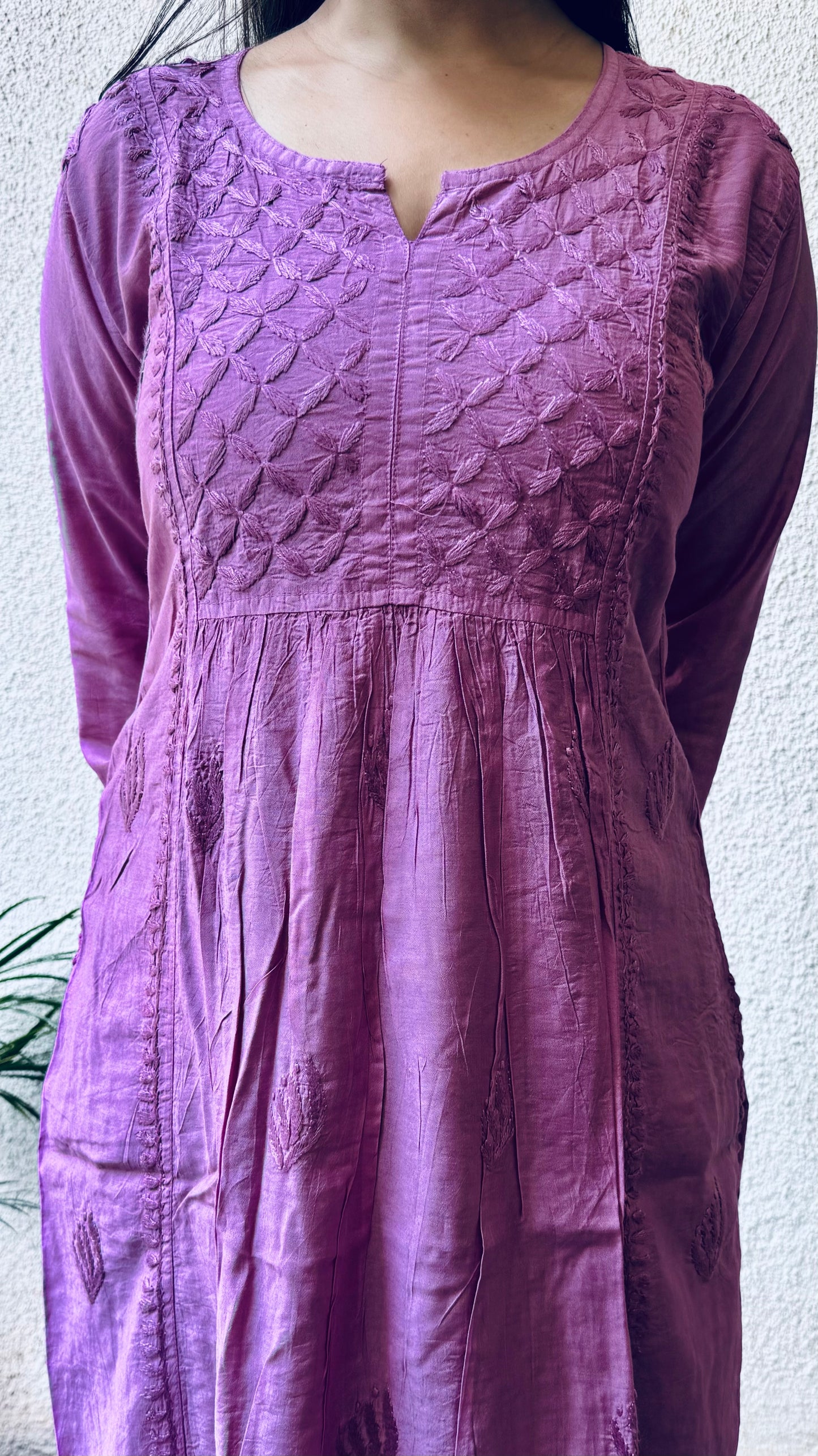 Chanderi silk Chikankari Long Nyra cut kurta