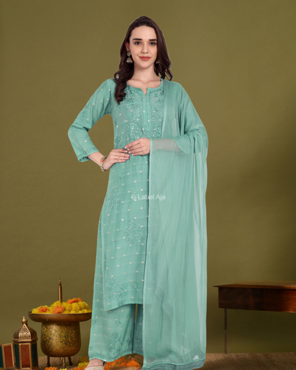 Sitara Chanderi Silk Chikankari Kurti, Palazzo and dupatta set