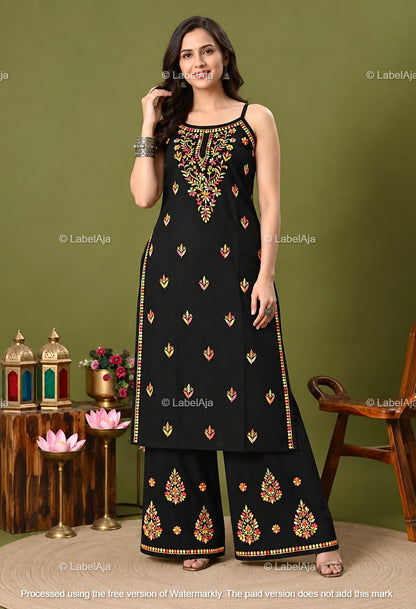 Isha Rayon Black strap long kurti and pant set