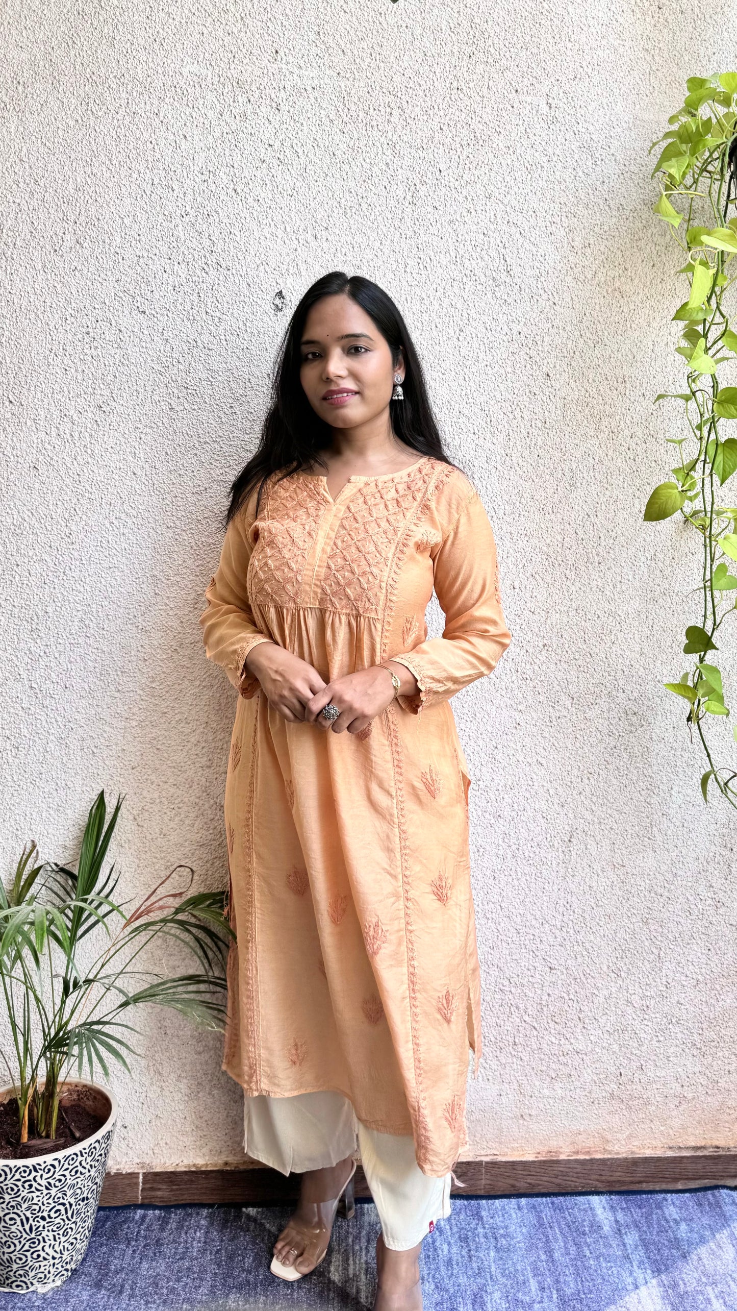 Chanderi silk Chikankari Long Nyra cut kurta