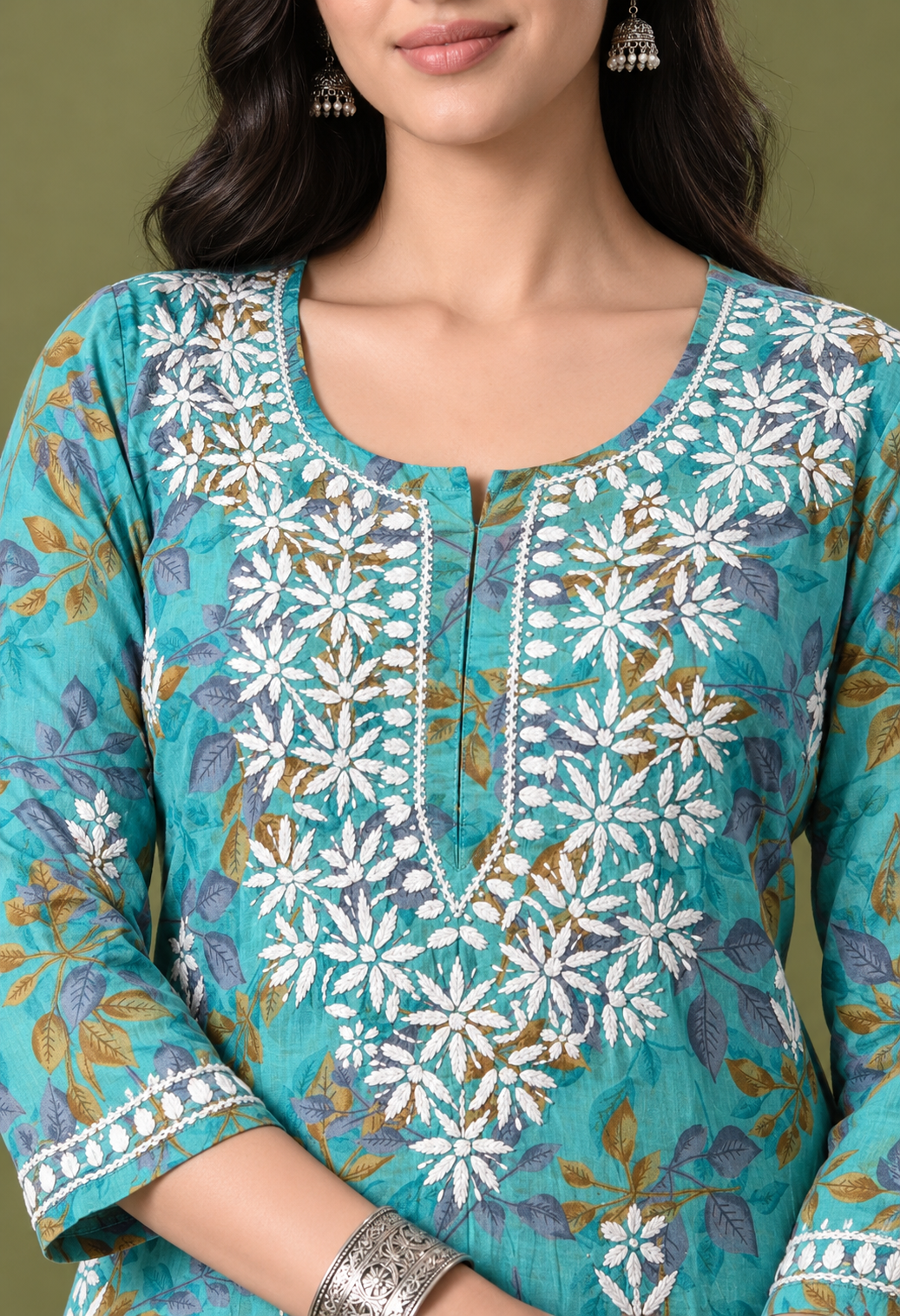 Nazneen Mulmul long chikankari kurti