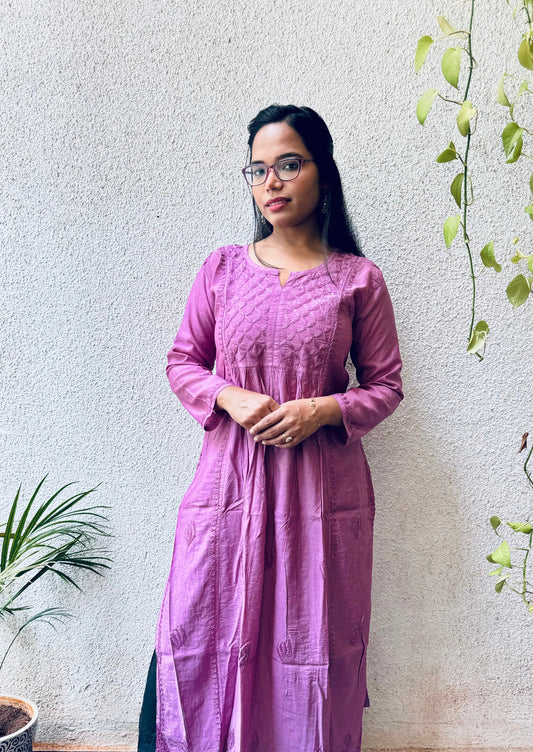 Chanderi silk Chikankari Long Nyra cut kurta