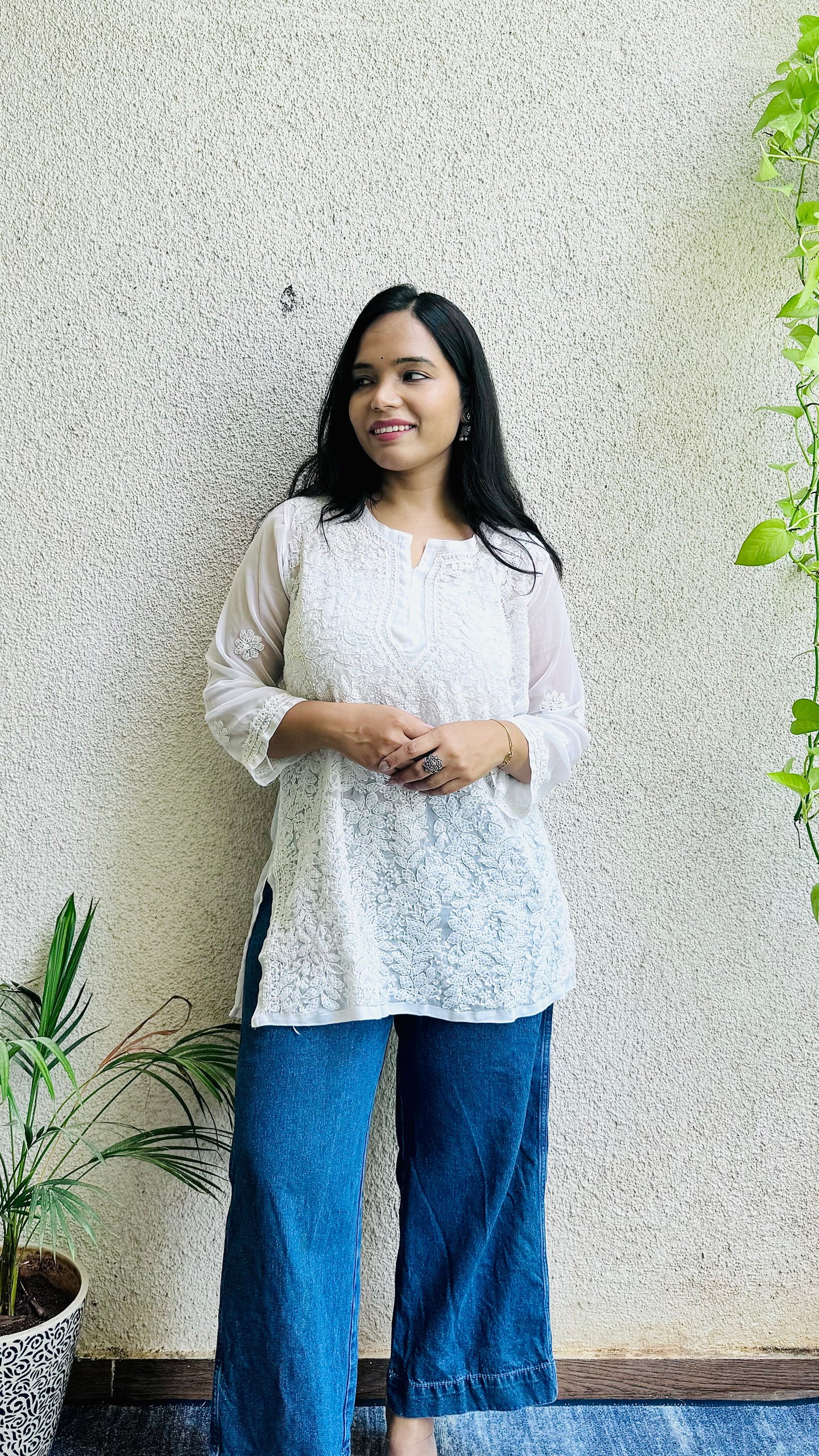 Georgette short chikankari top with matching liner