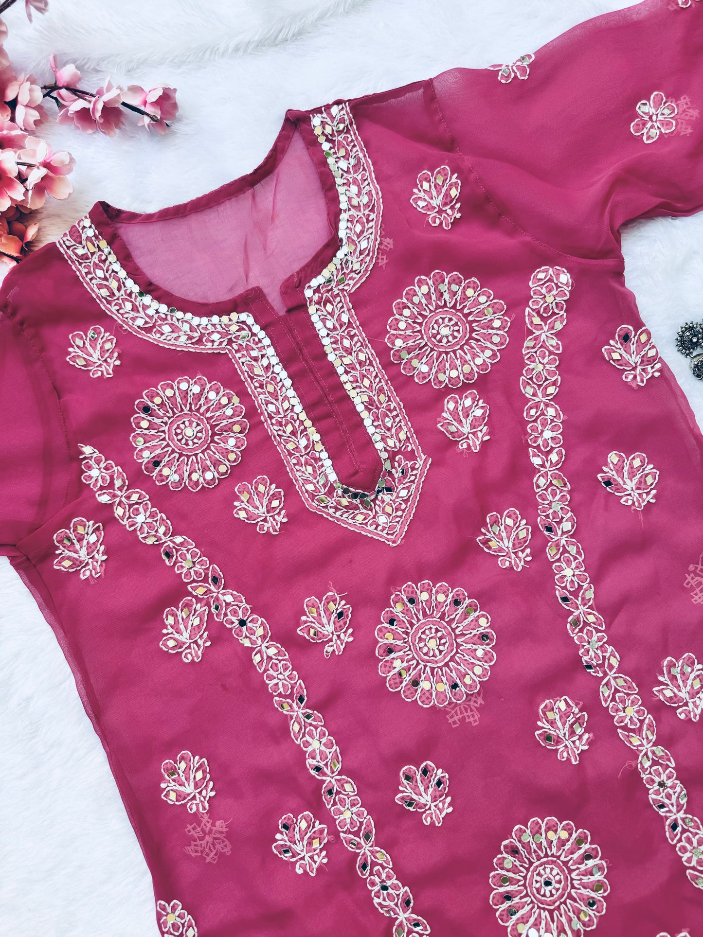 Georgette mirror work chikankari long kurta with matching liner