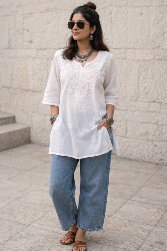 Mira white short rayon chikankari kurti