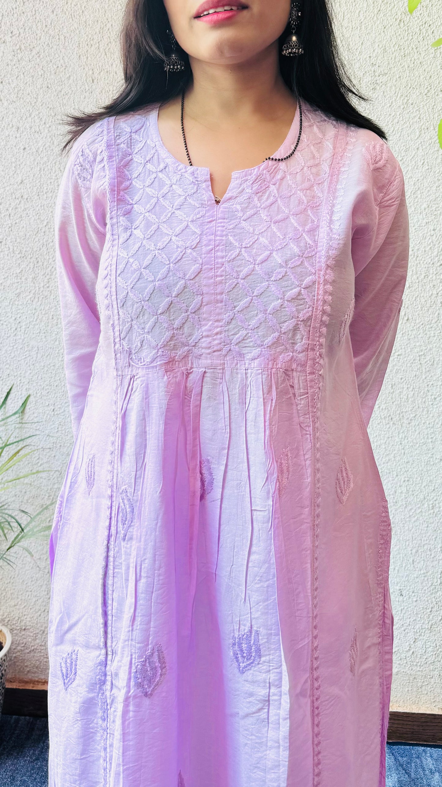 Chanderi silk Chikankari Long Nyra cut kurta