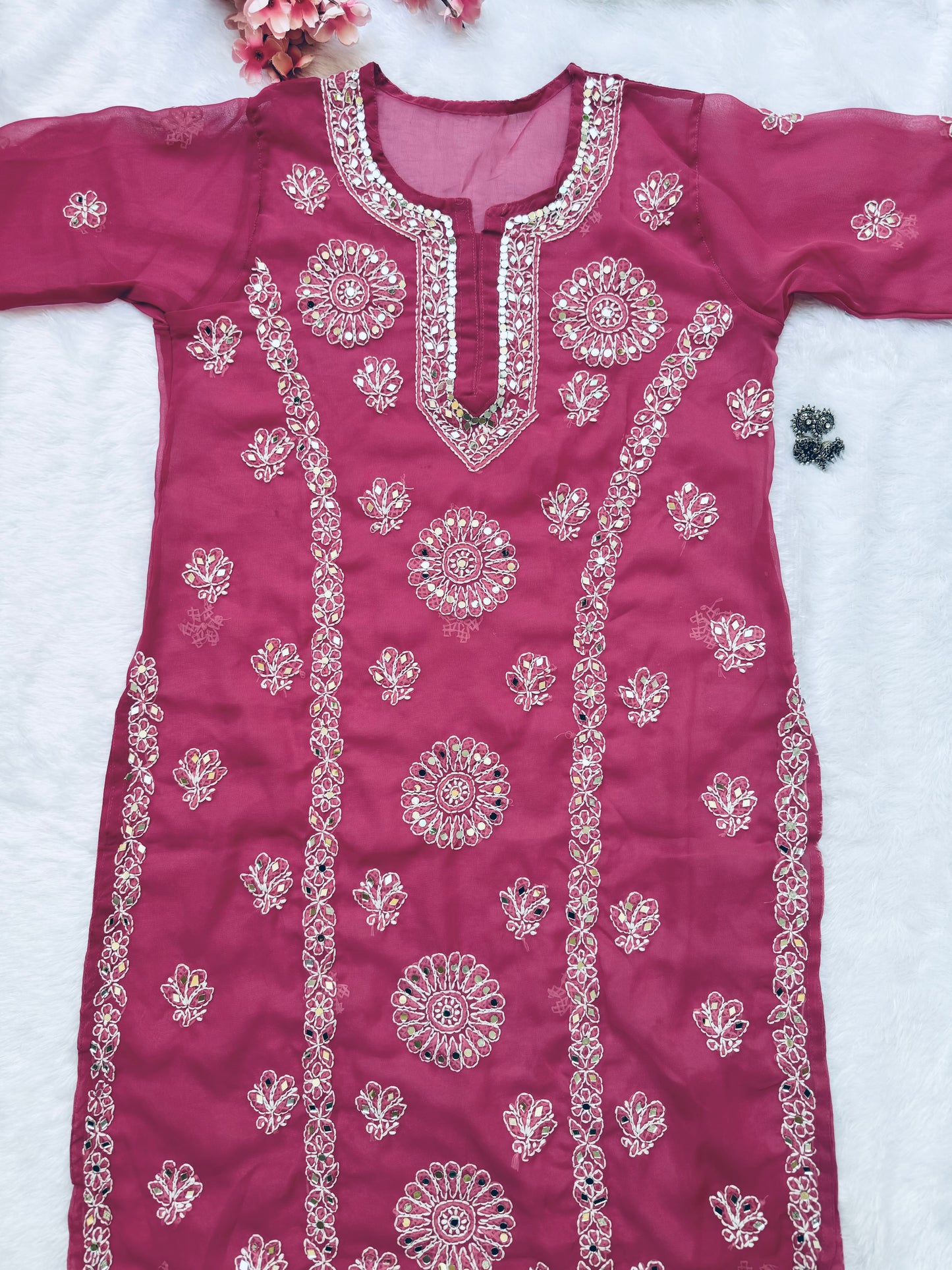 Georgette mirror work chikankari long kurta with matching liner