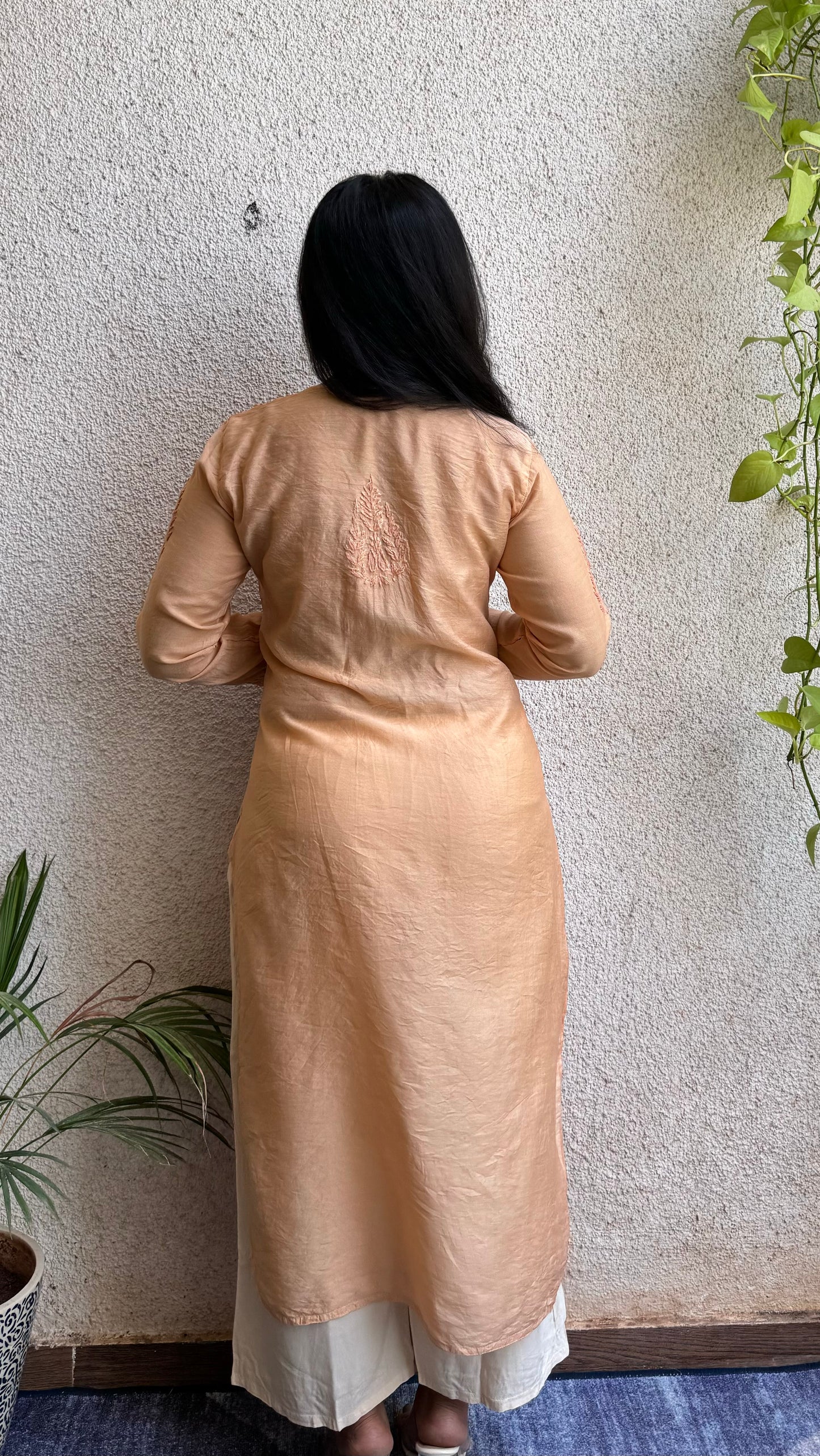 Chanderi silk Chikankari Long Nyra cut kurta