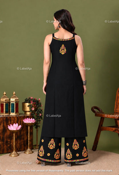 Isha Rayon Black strap long kurti and pant set
