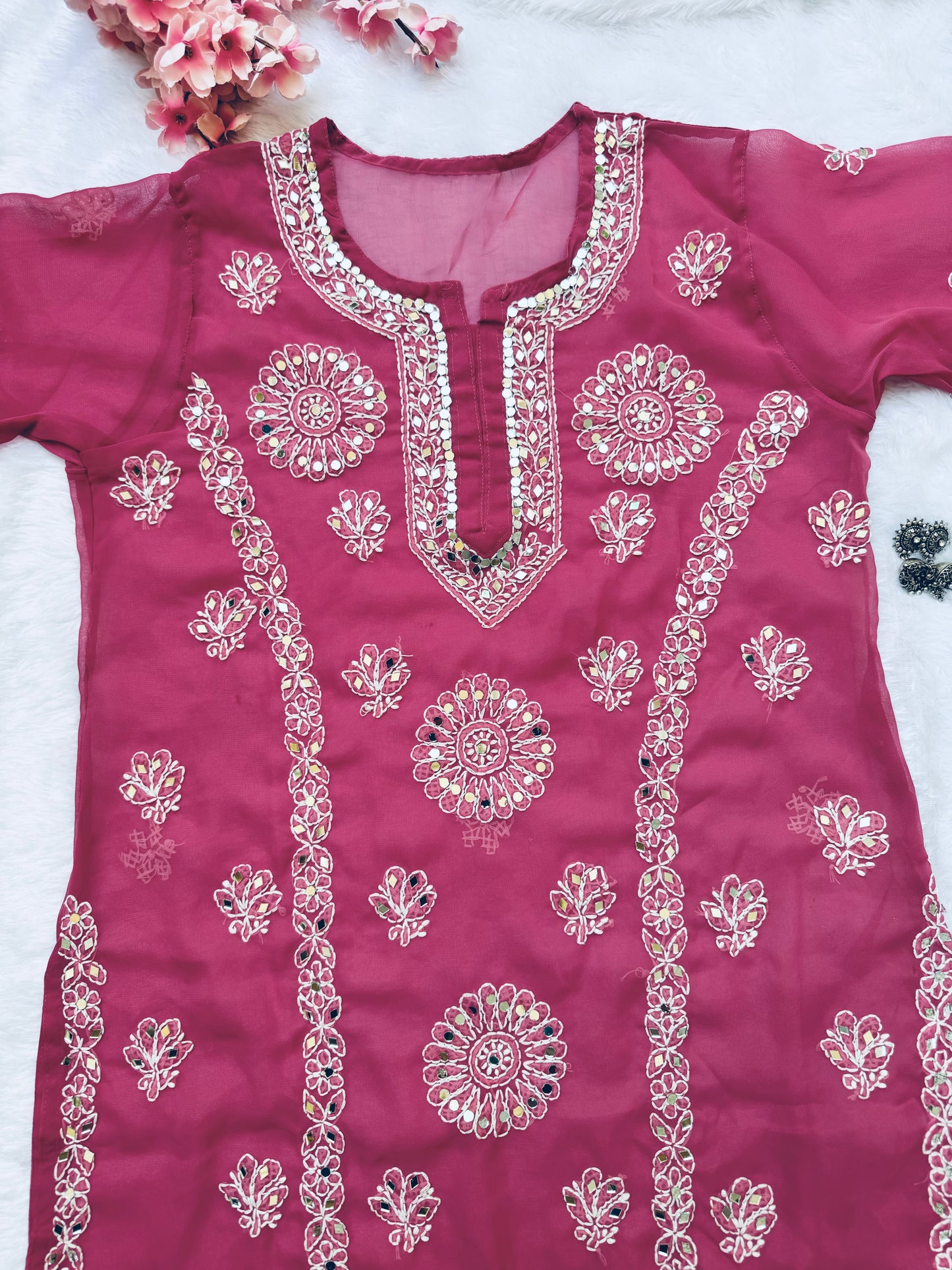 Georgette mirror work chikankari long kurta with matching liner
