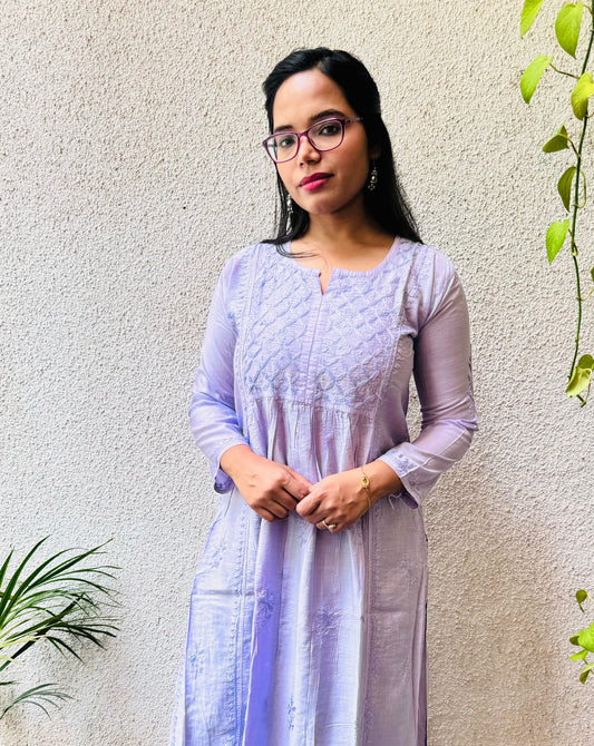 Chanderi silk Chikankari Long Nyra cut kurta