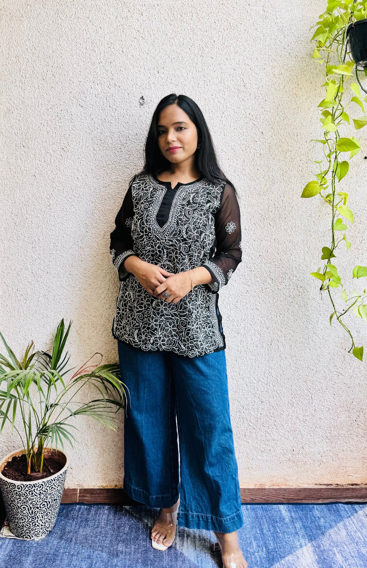 Georgette short chikankari top with matching liner