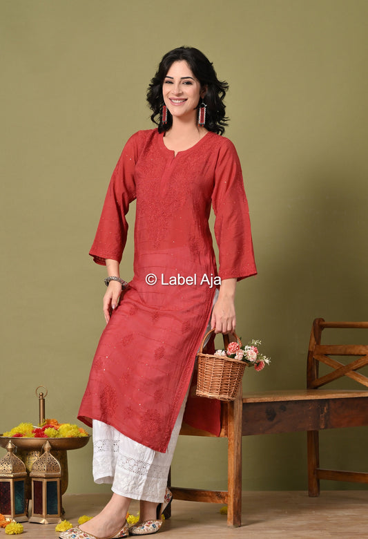 Jhilmil Chanderi silk Chikankari kurti in Sequence and bakhiya work