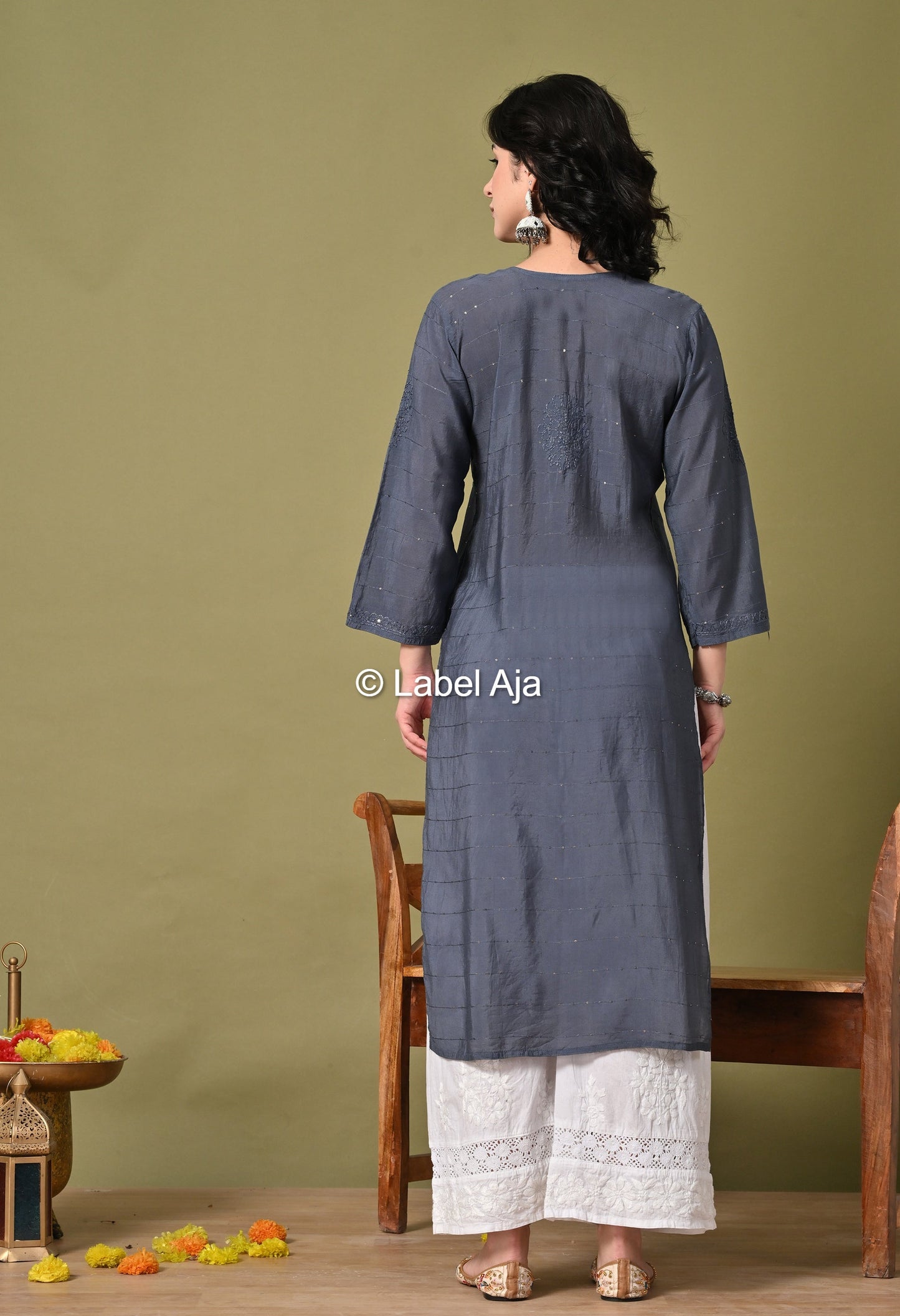 Jhilmil Chanderi silk Chikankari kurti in Sequence and bakhiya work