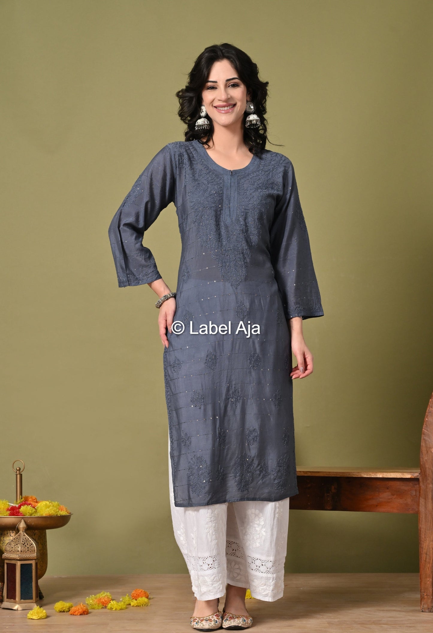 Jhilmil Chanderi silk Chikankari kurti in Sequence and bakhiya work